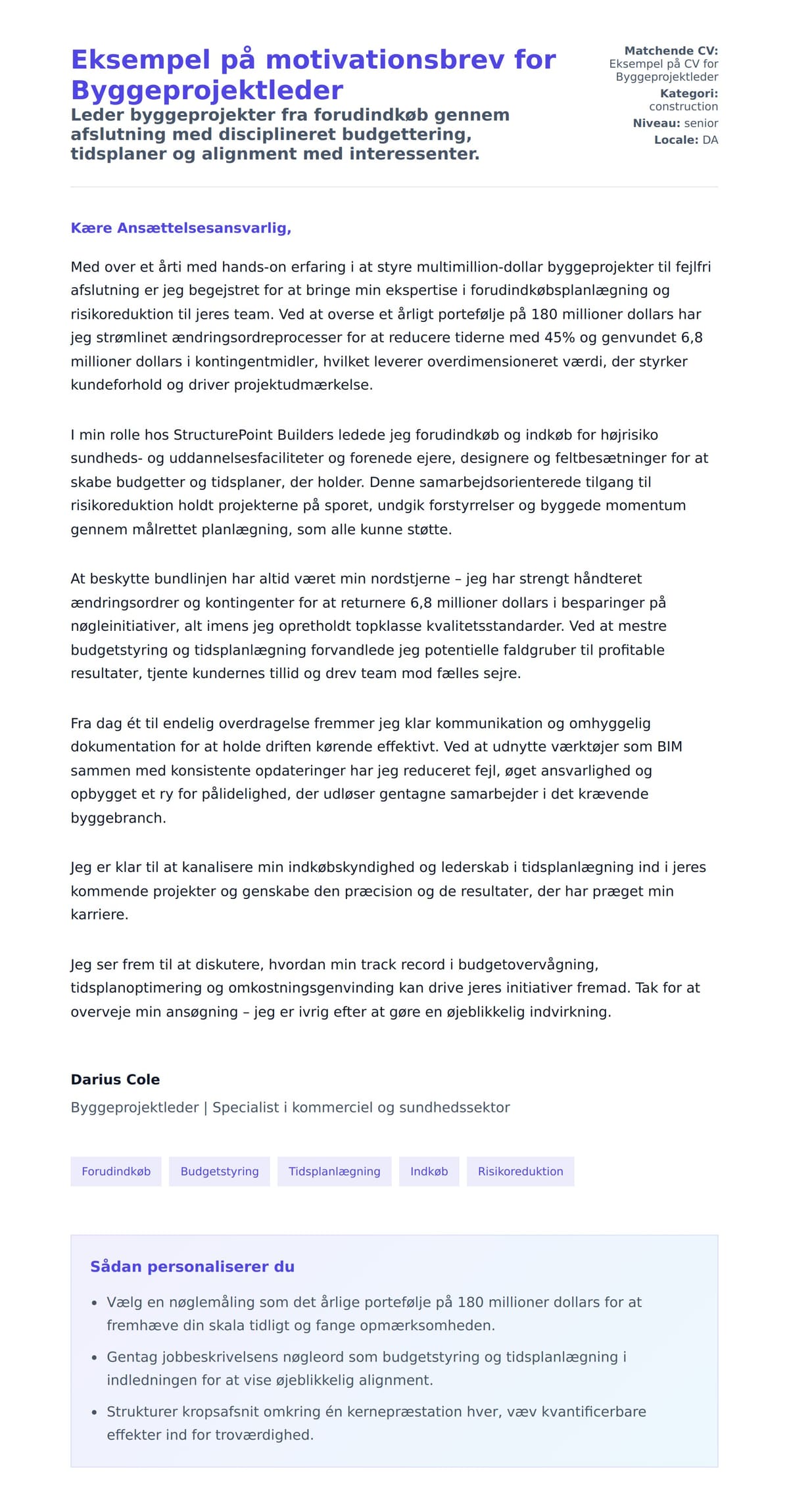 Ansøgningsbrev forhåndsvisning for Eksempel på motivationsbrev for Byggeprojektleder