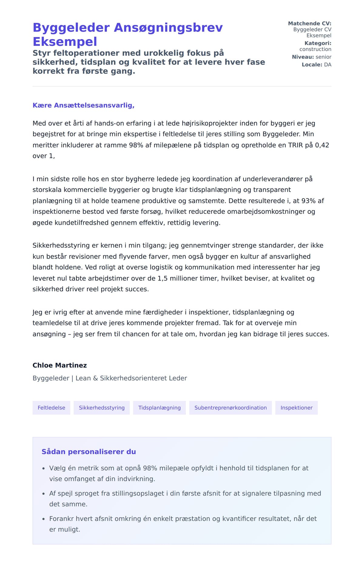 Ansøgningsbrev forhåndsvisning for Byggeleder Ansøgningsbrev Eksempel