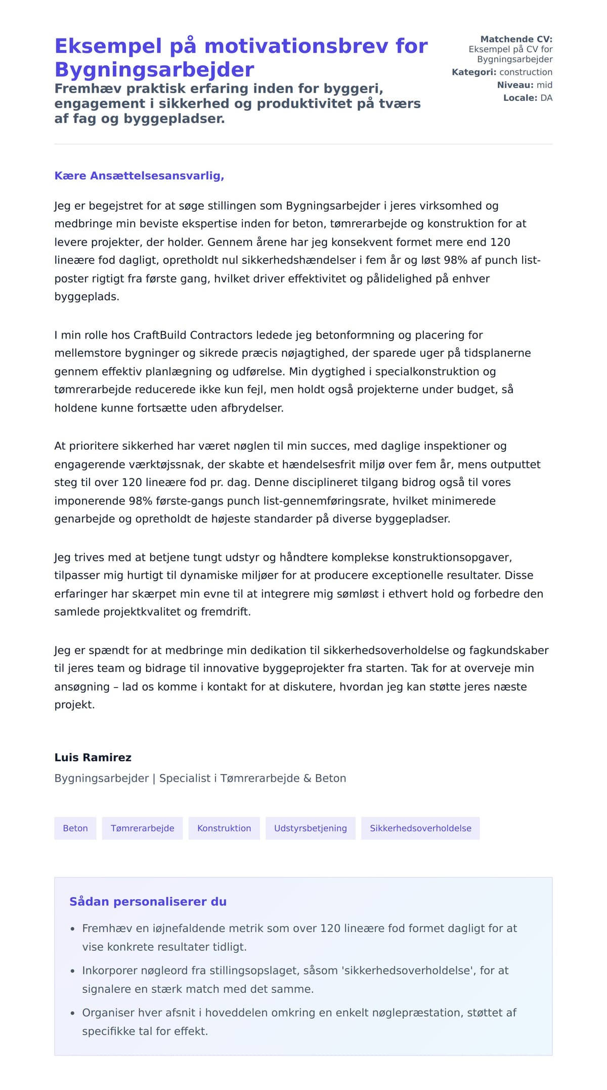 Ansøgningsbrev forhåndsvisning for Eksempel på motivationsbrev for Bygningsarbejder