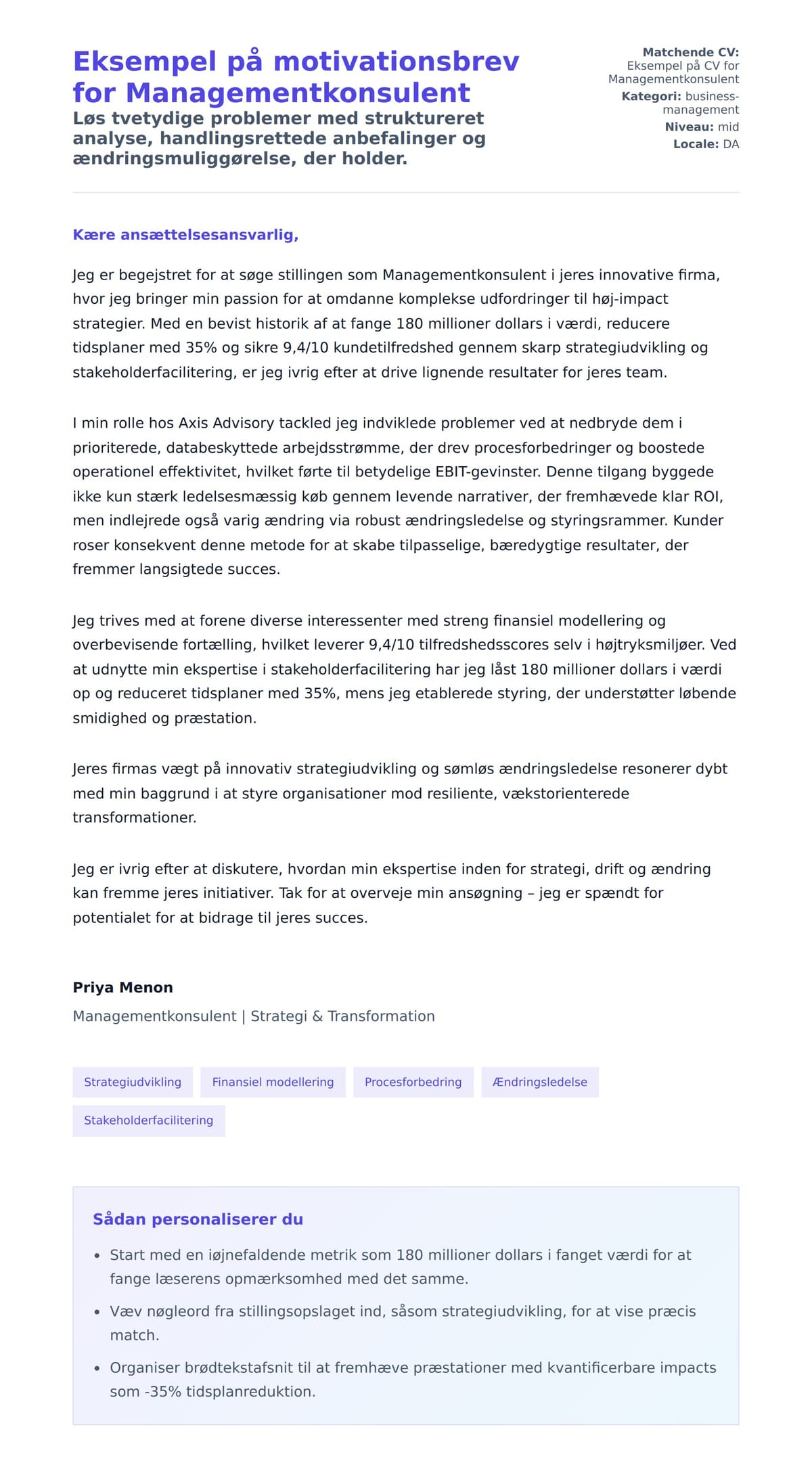 Ansøgningsbrev forhåndsvisning for Eksempel på motivationsbrev for Managementkonsulent