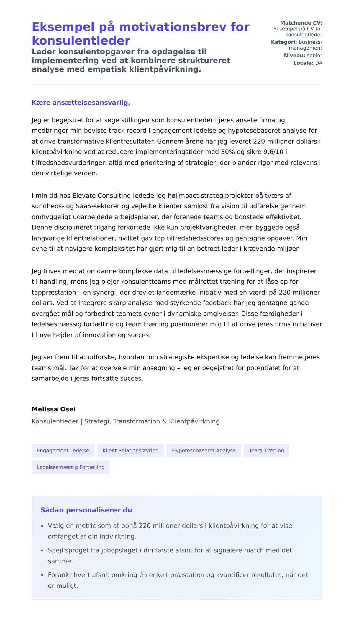 Ansøgningsbrev forhåndsvisning for Eksempel på motivationsbrev for konsulentleder