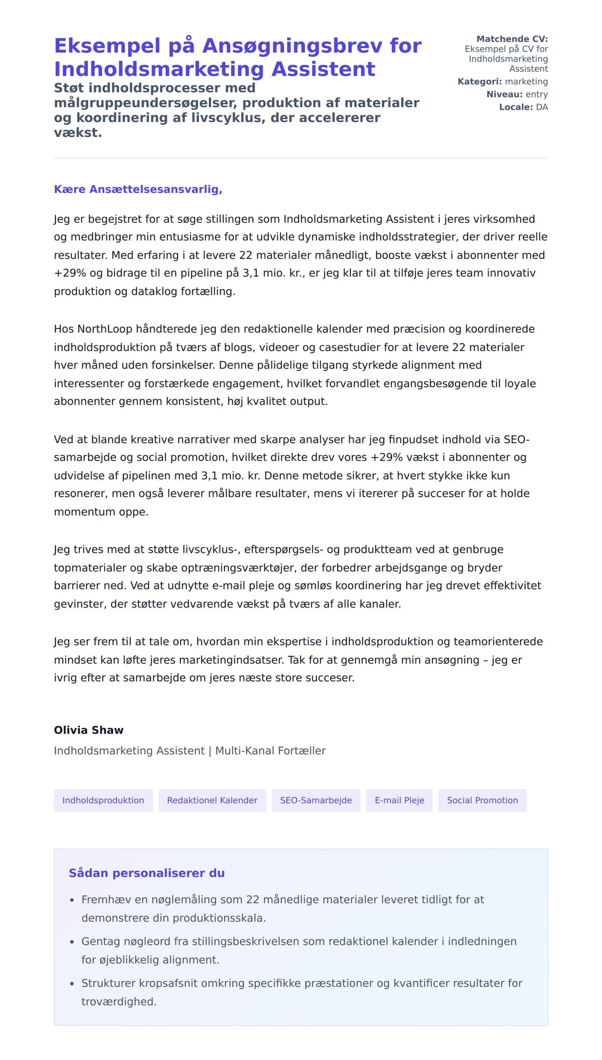 Ansøgningsbrev forhåndsvisning for Eksempel på Ansøgningsbrev for Indholdsmarketing Assistent