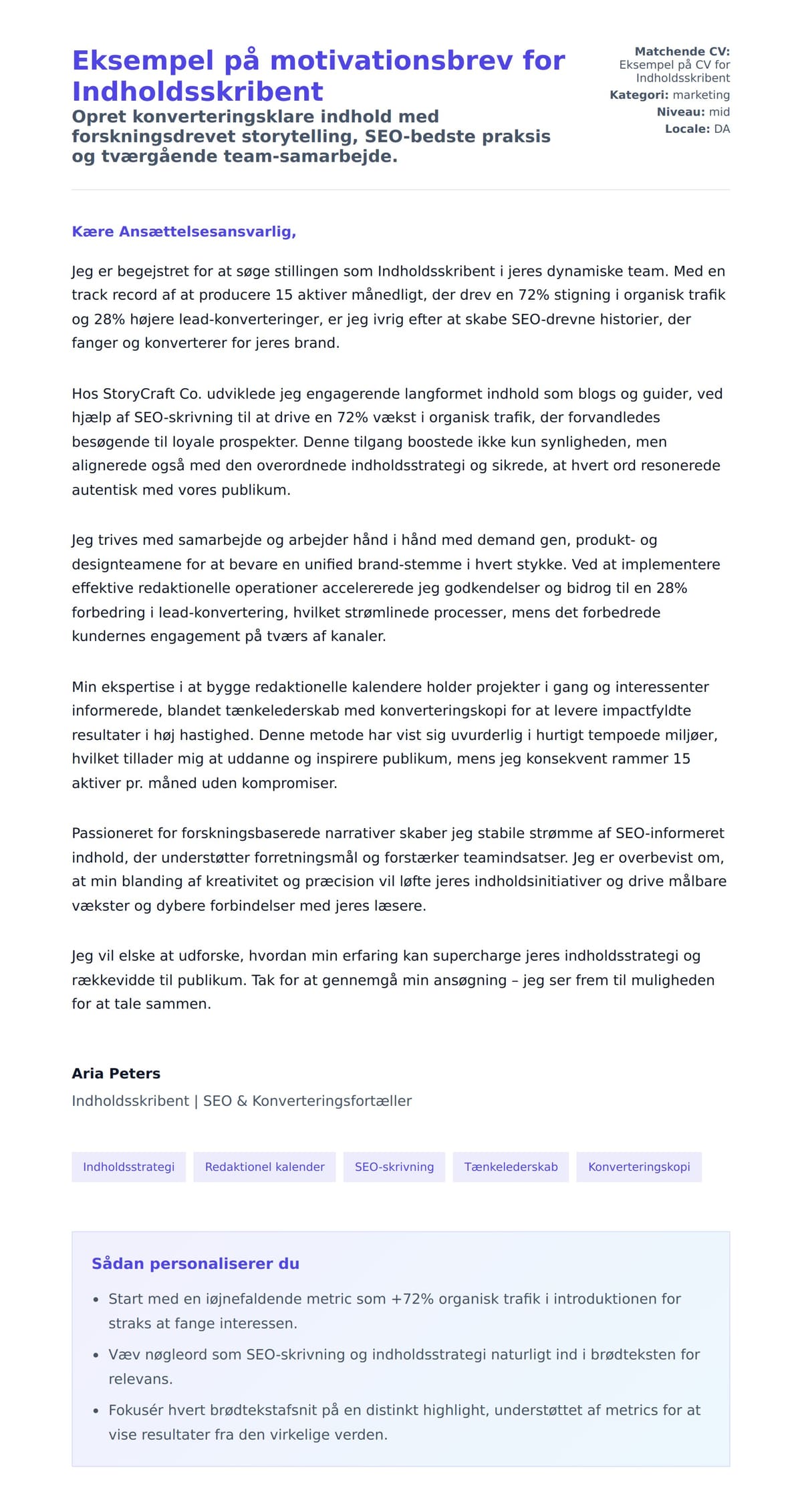 Ansøgningsbrev forhåndsvisning for Eksempel på motivationsbrev for Indholdsskribent