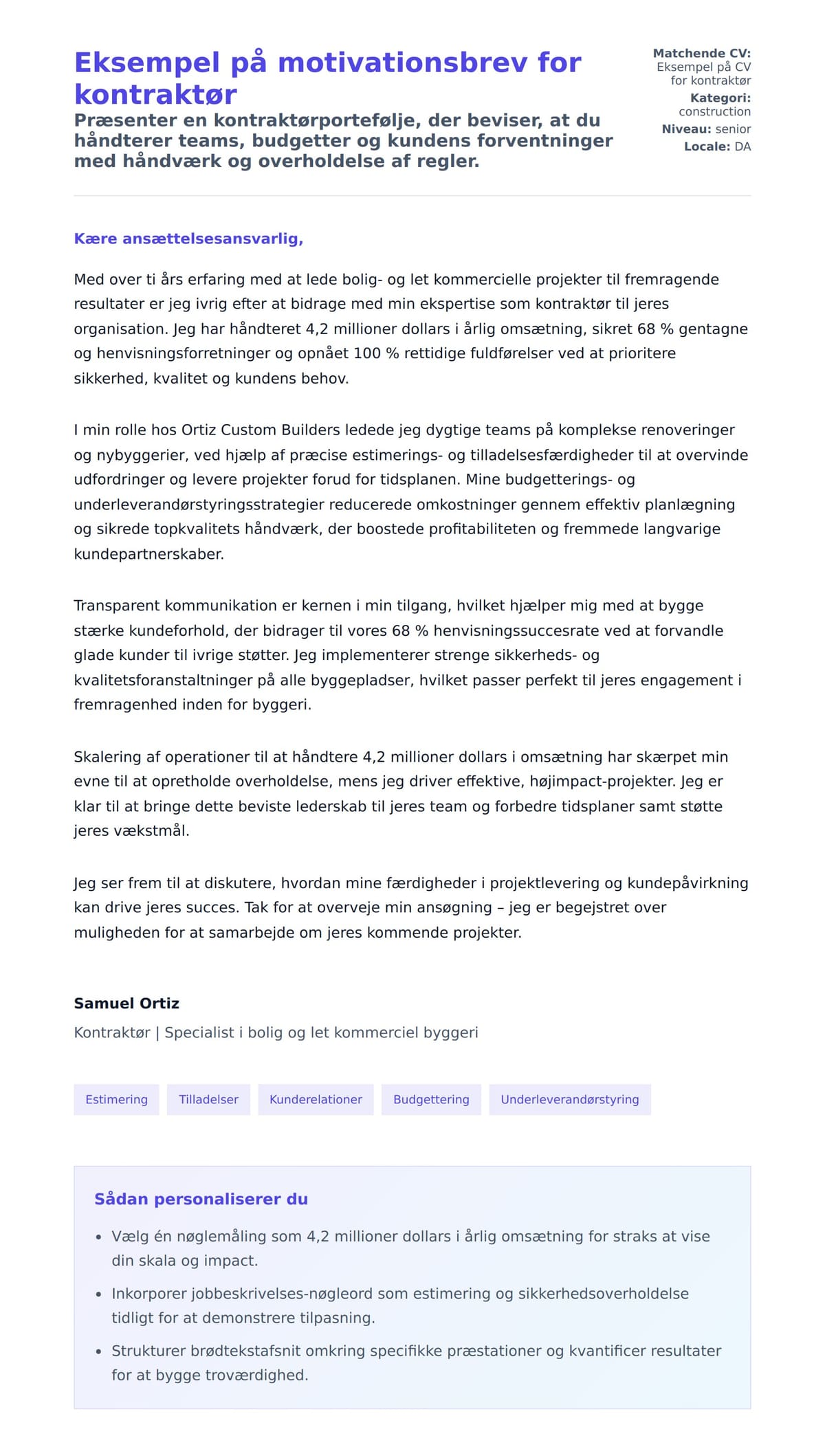 Ansøgningsbrev forhåndsvisning for Eksempel på motivationsbrev for kontraktør