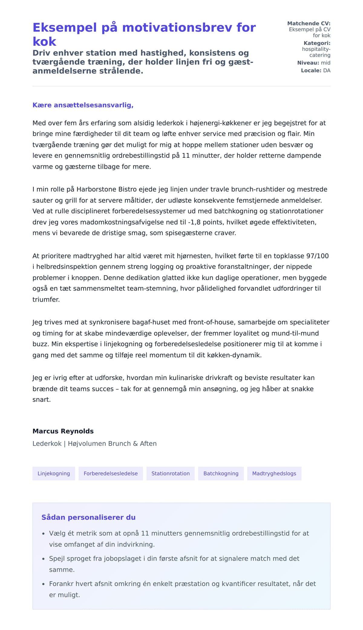 Ansøgningsbrev forhåndsvisning for Eksempel på motivationsbrev for kok