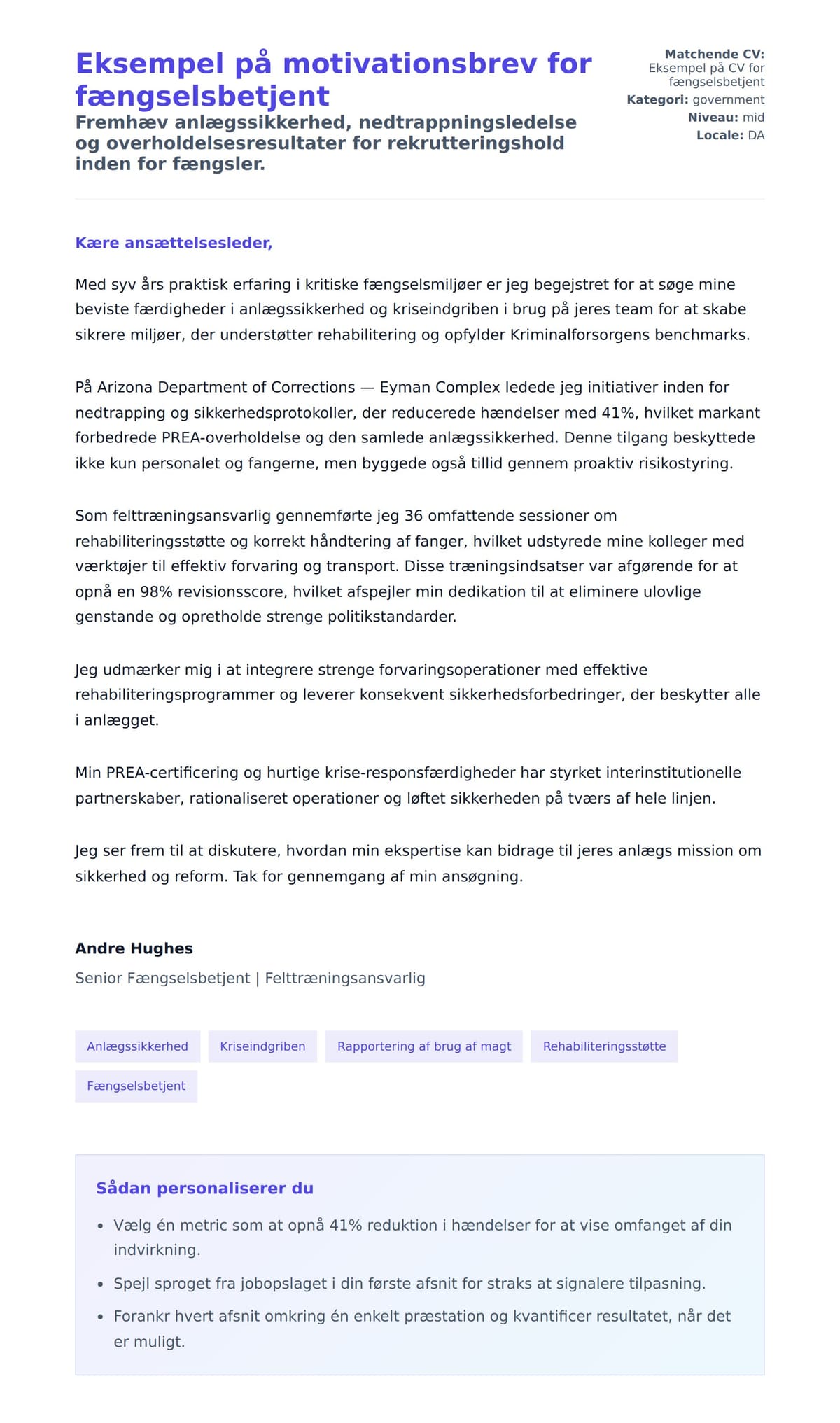 Ansøgningsbrev forhåndsvisning for Eksempel på motivationsbrev for fængselsbetjent