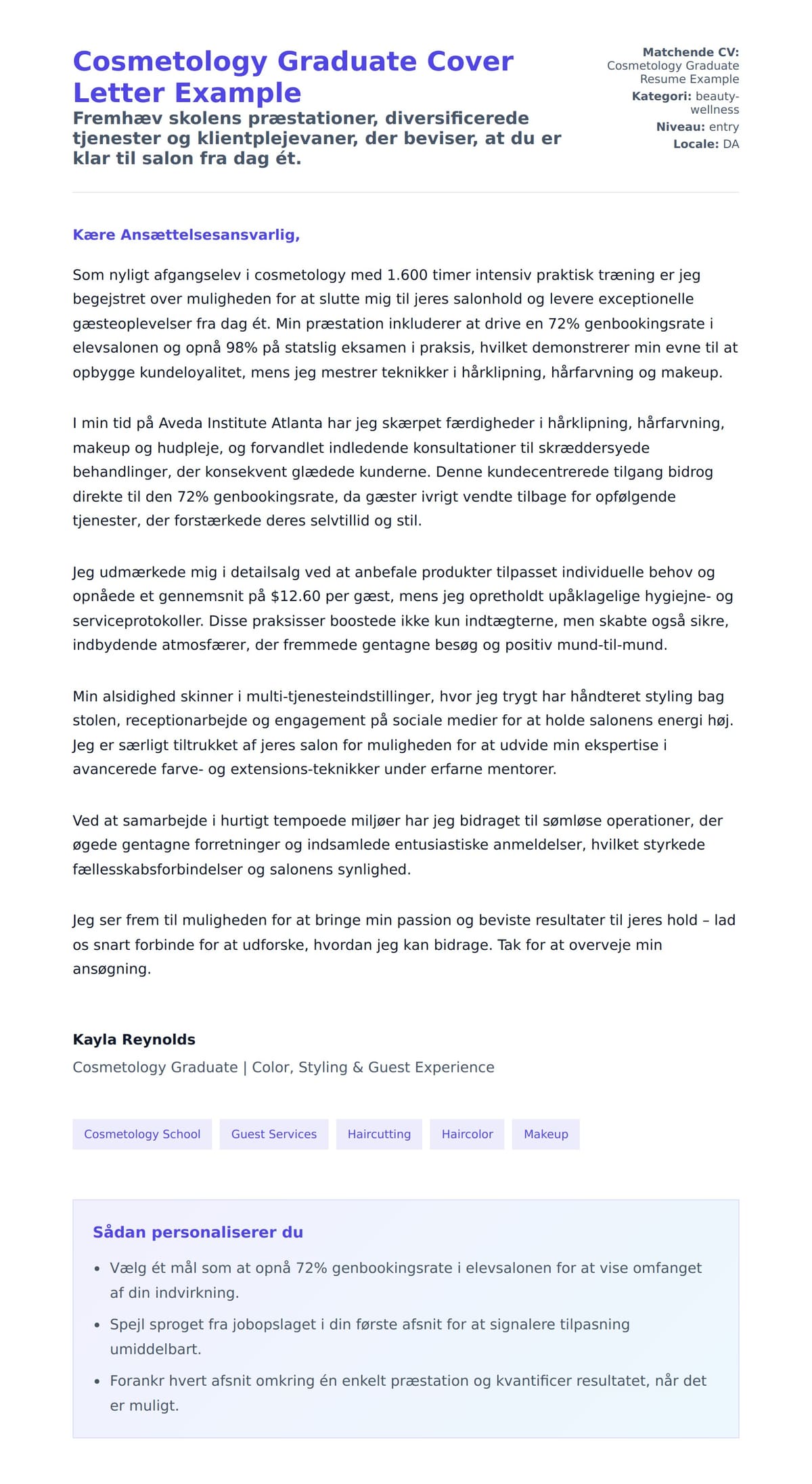 Ansøgningsbrev forhåndsvisning for Cosmetology Graduate Cover Letter Example