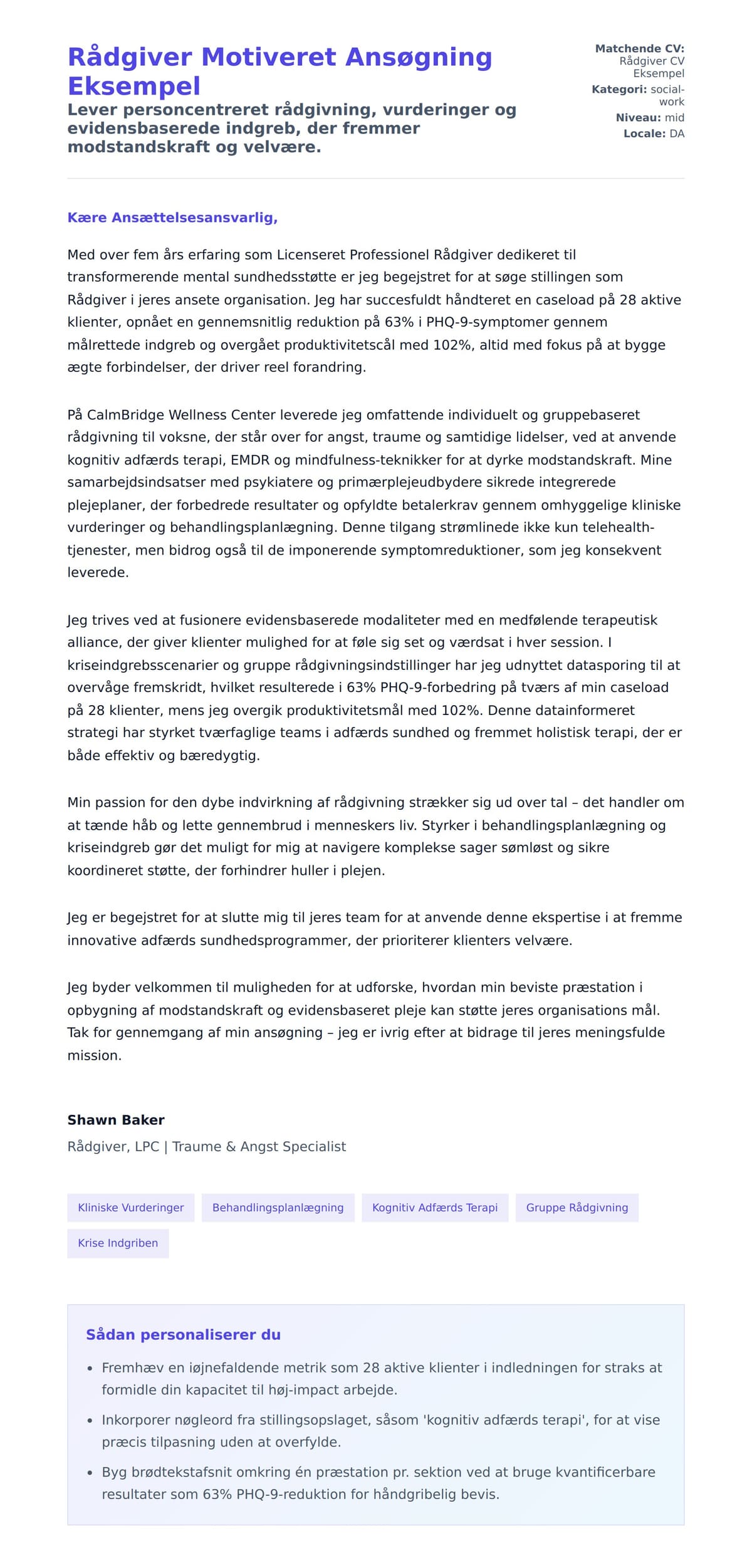 Ansøgningsbrev forhåndsvisning for Rådgiver Motiveret Ansøgning Eksempel