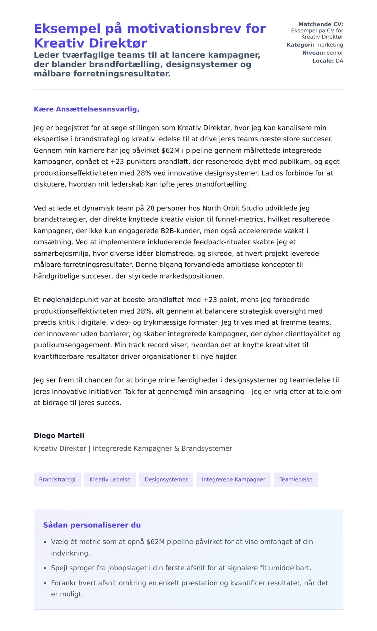 Ansøgningsbrev forhåndsvisning for Eksempel på motivationsbrev for Kreativ Direktør