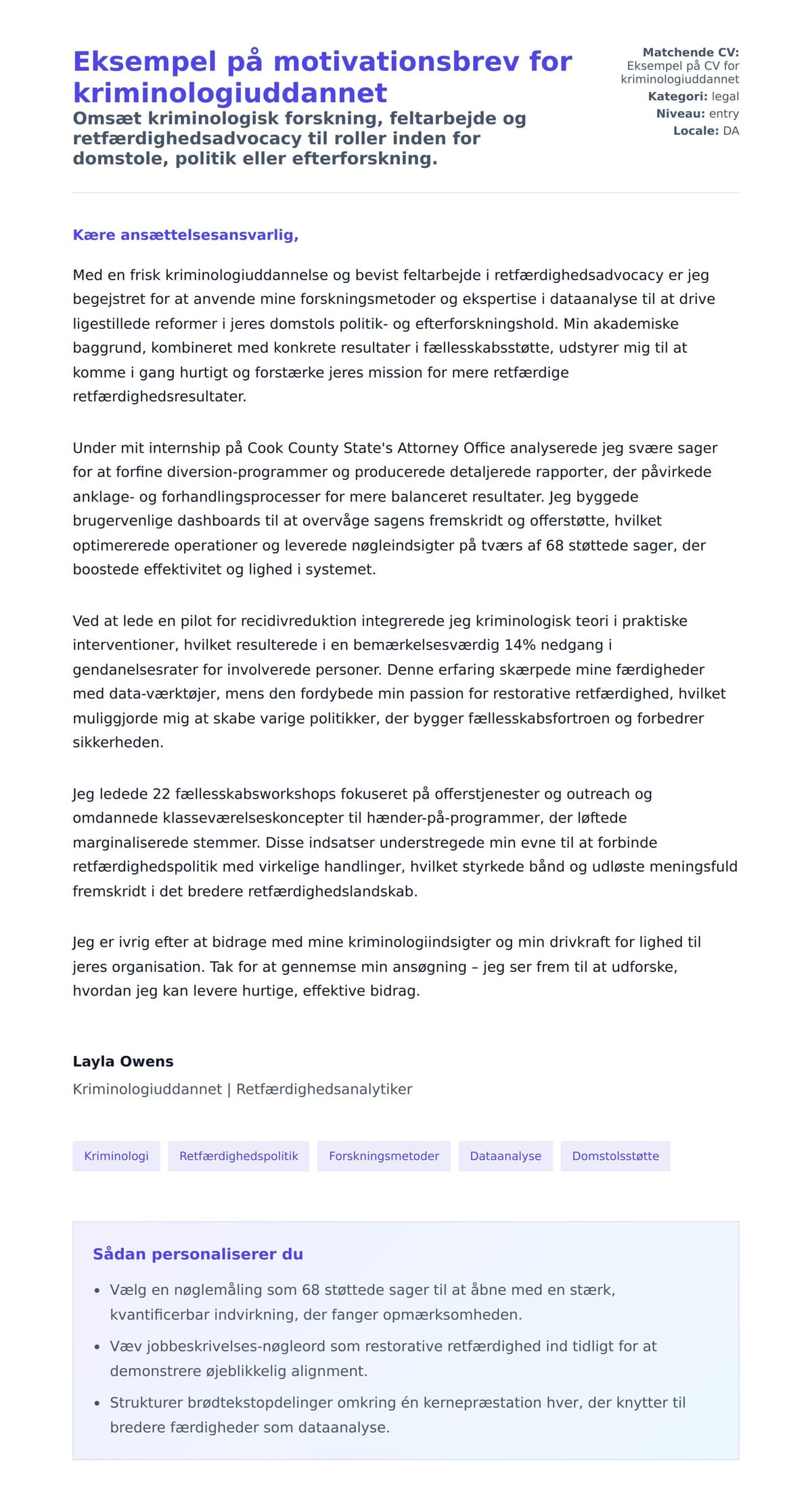 Ansøgningsbrev forhåndsvisning for Eksempel på motivationsbrev for kriminologiuddannet