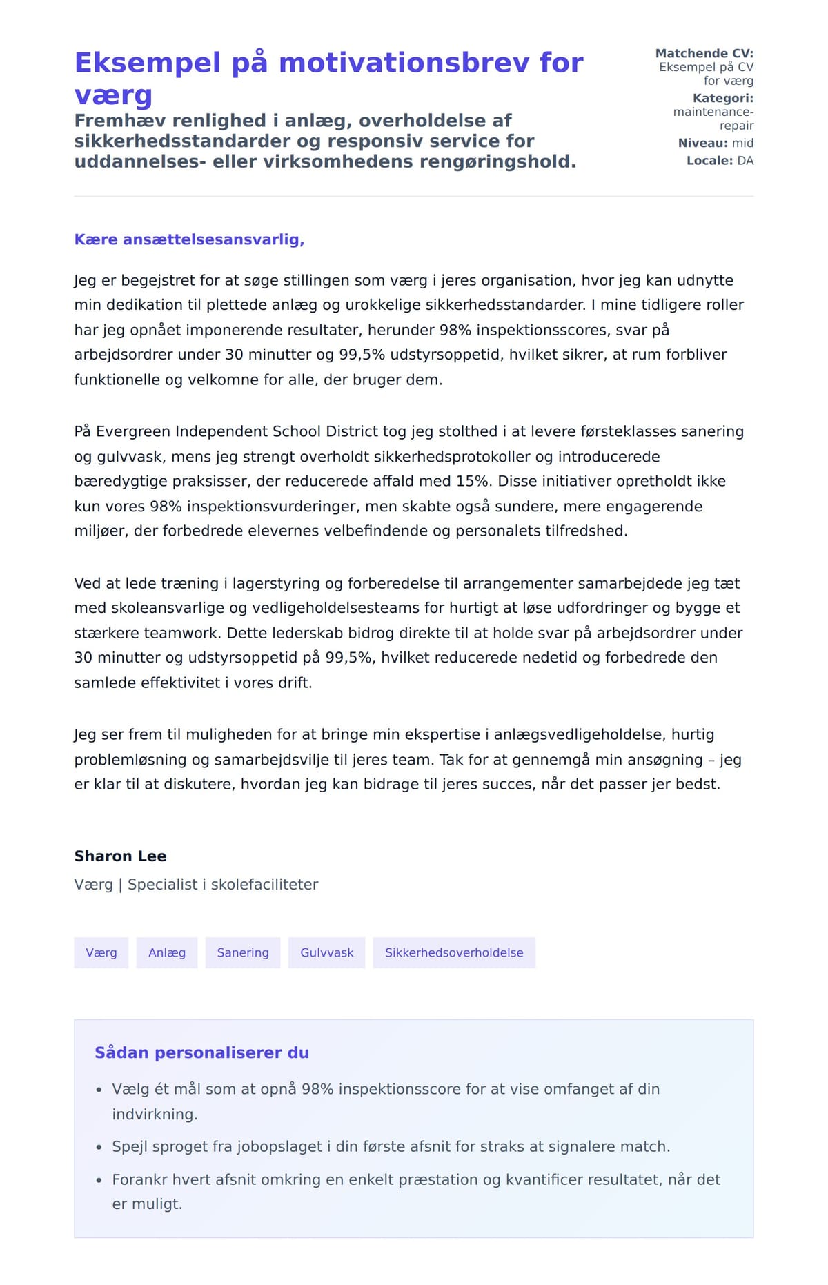 Ansøgningsbrev forhåndsvisning for Eksempel på motivationsbrev for værg