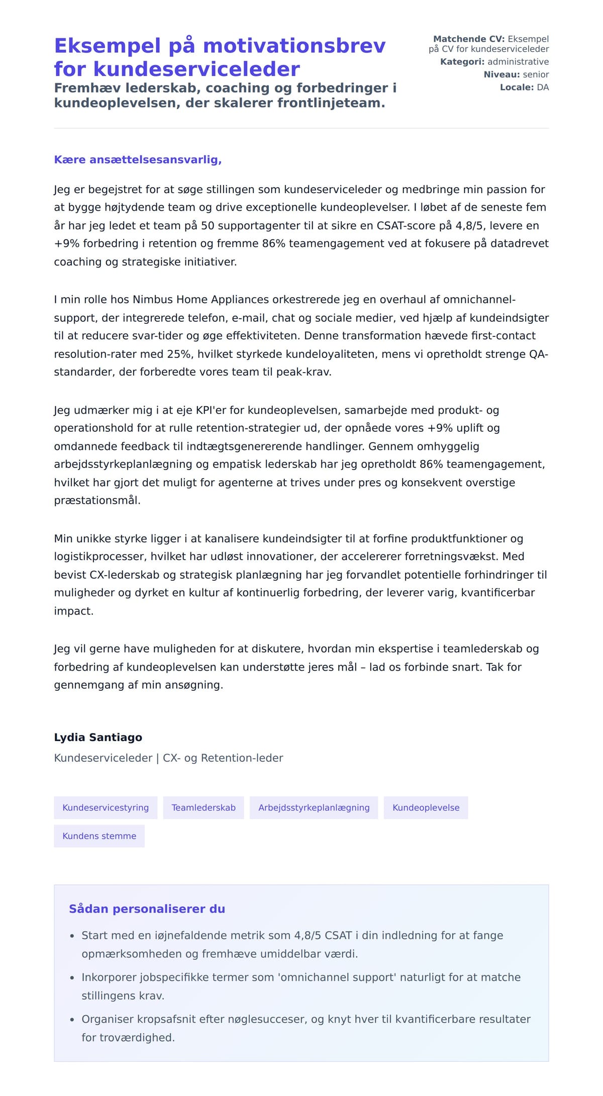 Ansøgningsbrev forhåndsvisning for Eksempel på motivationsbrev for kundeserviceleder