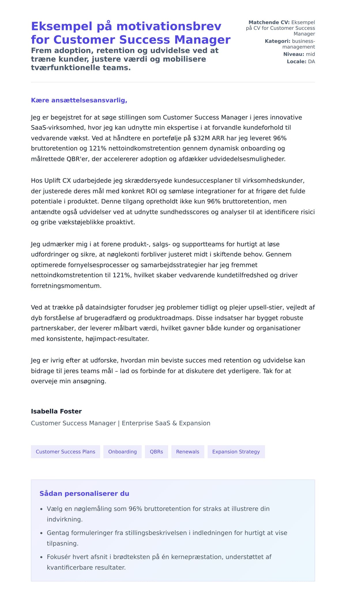 Ansøgningsbrev forhåndsvisning for Eksempel på motivationsbrev for Customer Success Manager