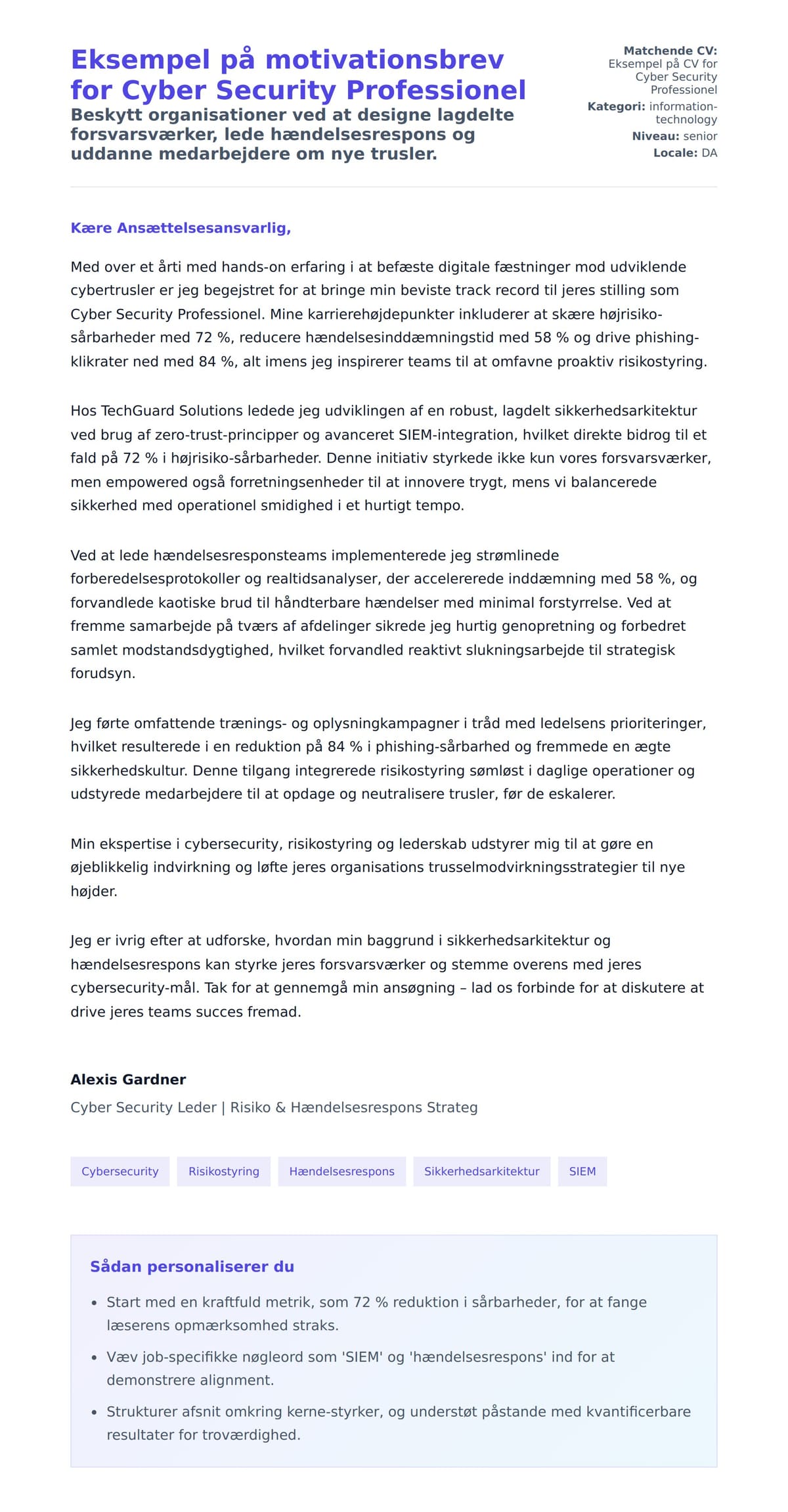Ansøgningsbrev forhåndsvisning for Eksempel på motivationsbrev for Cyber Security Professionel