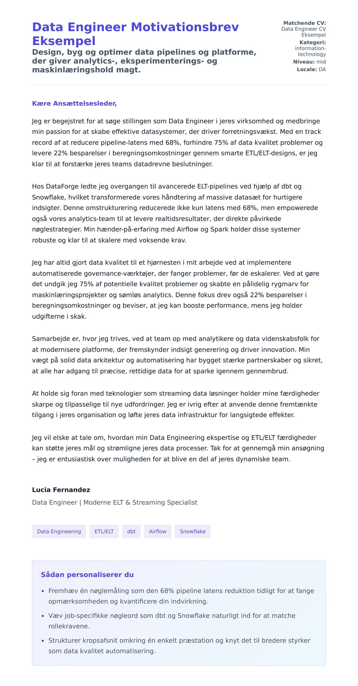 Ansøgningsbrev forhåndsvisning for Data Engineer Motivationsbrev Eksempel