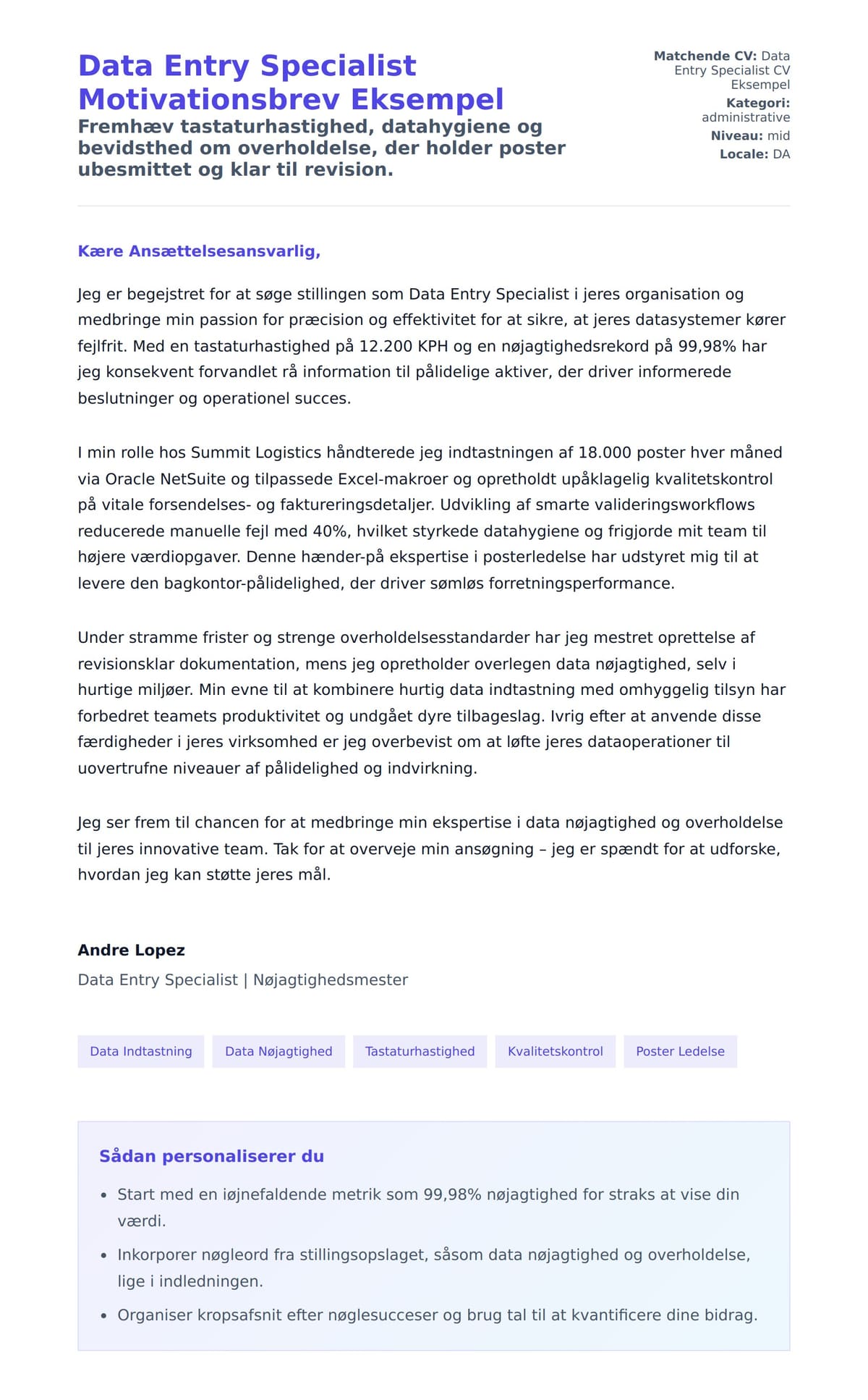 Ansøgningsbrev forhåndsvisning for Data Entry Specialist Motivationsbrev Eksempel