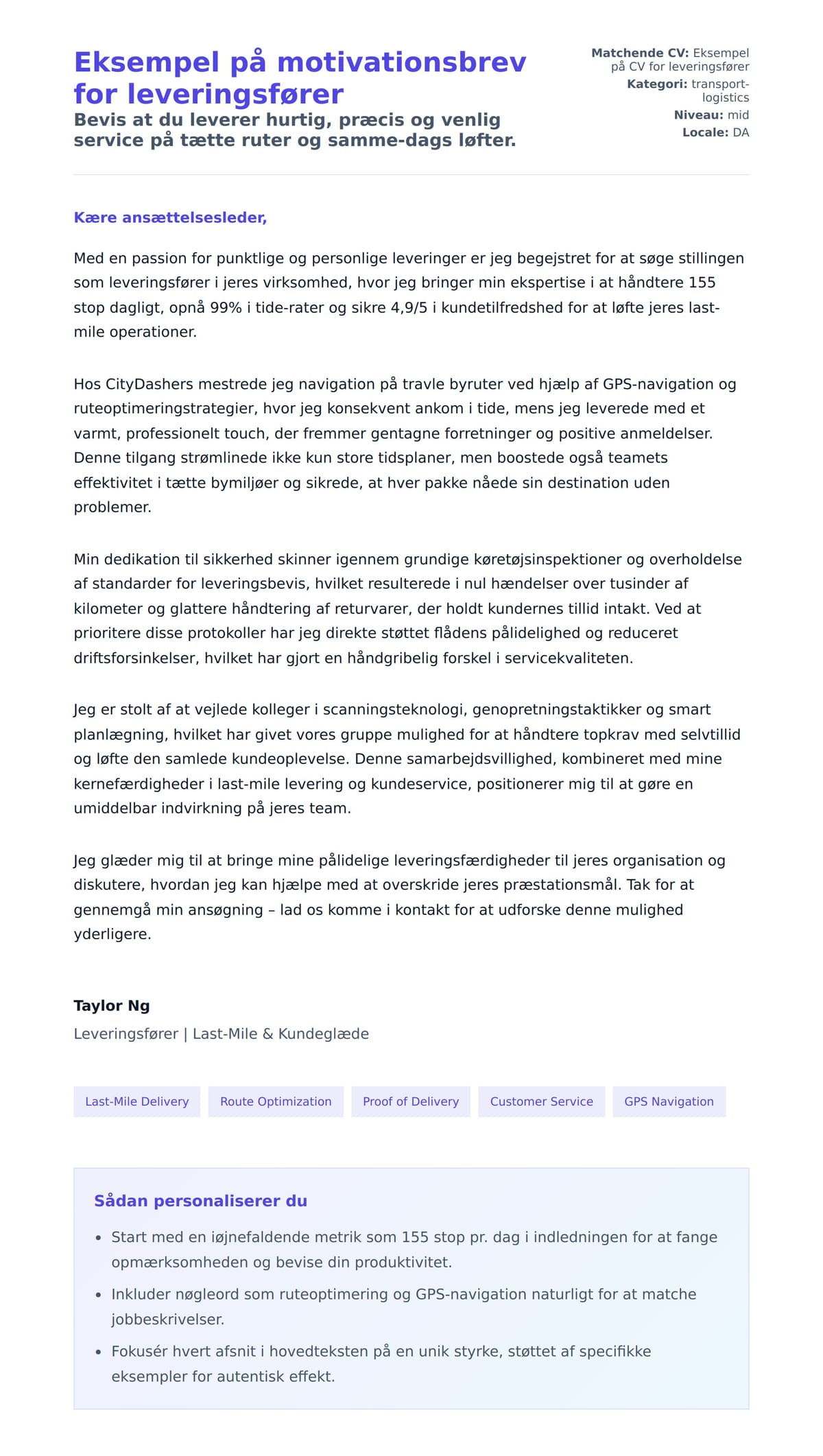 Ansøgningsbrev forhåndsvisning for Eksempel på motivationsbrev for leveringsfører