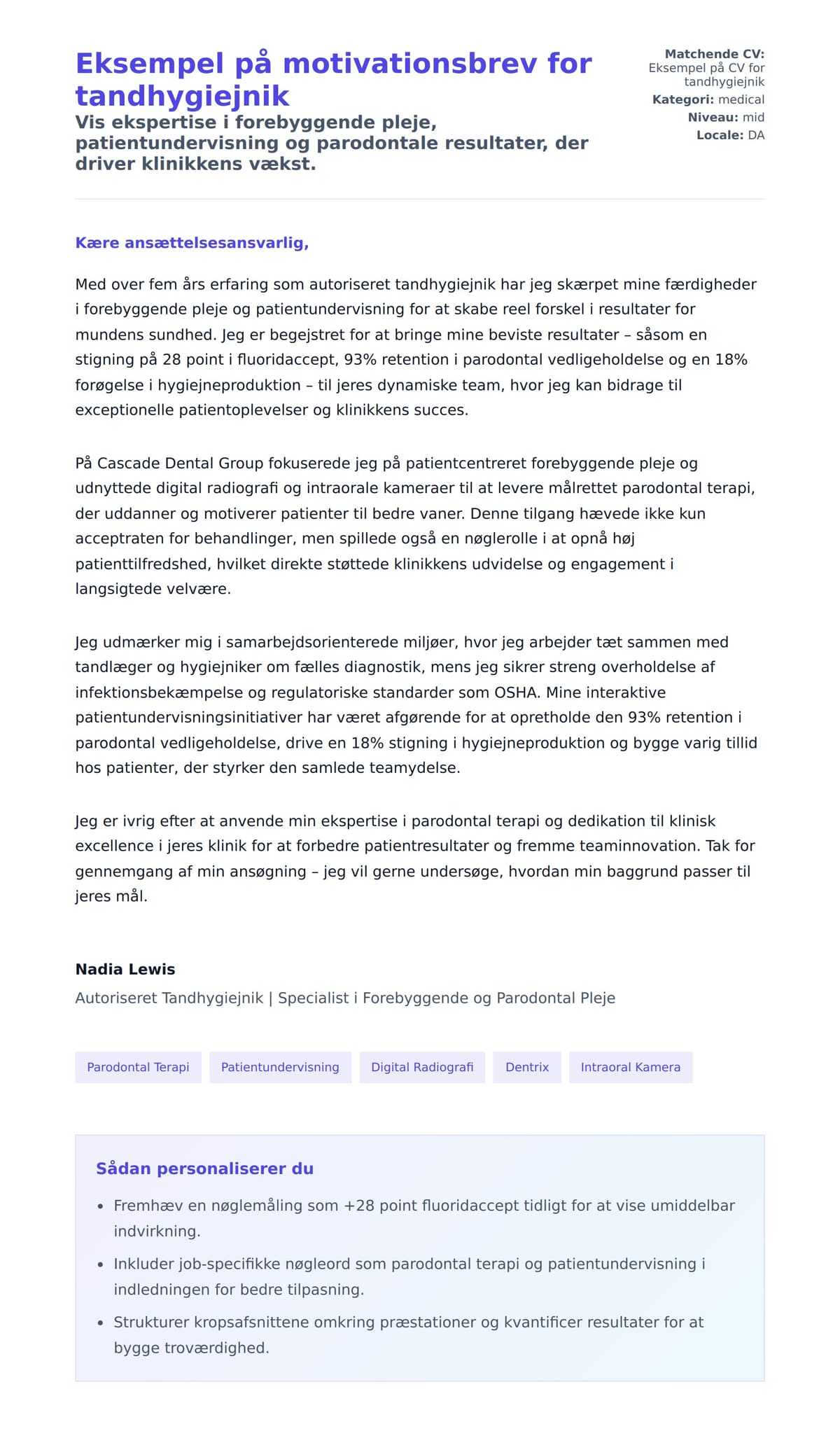 Ansøgningsbrev forhåndsvisning for Eksempel på motivationsbrev for tandhygiejnik