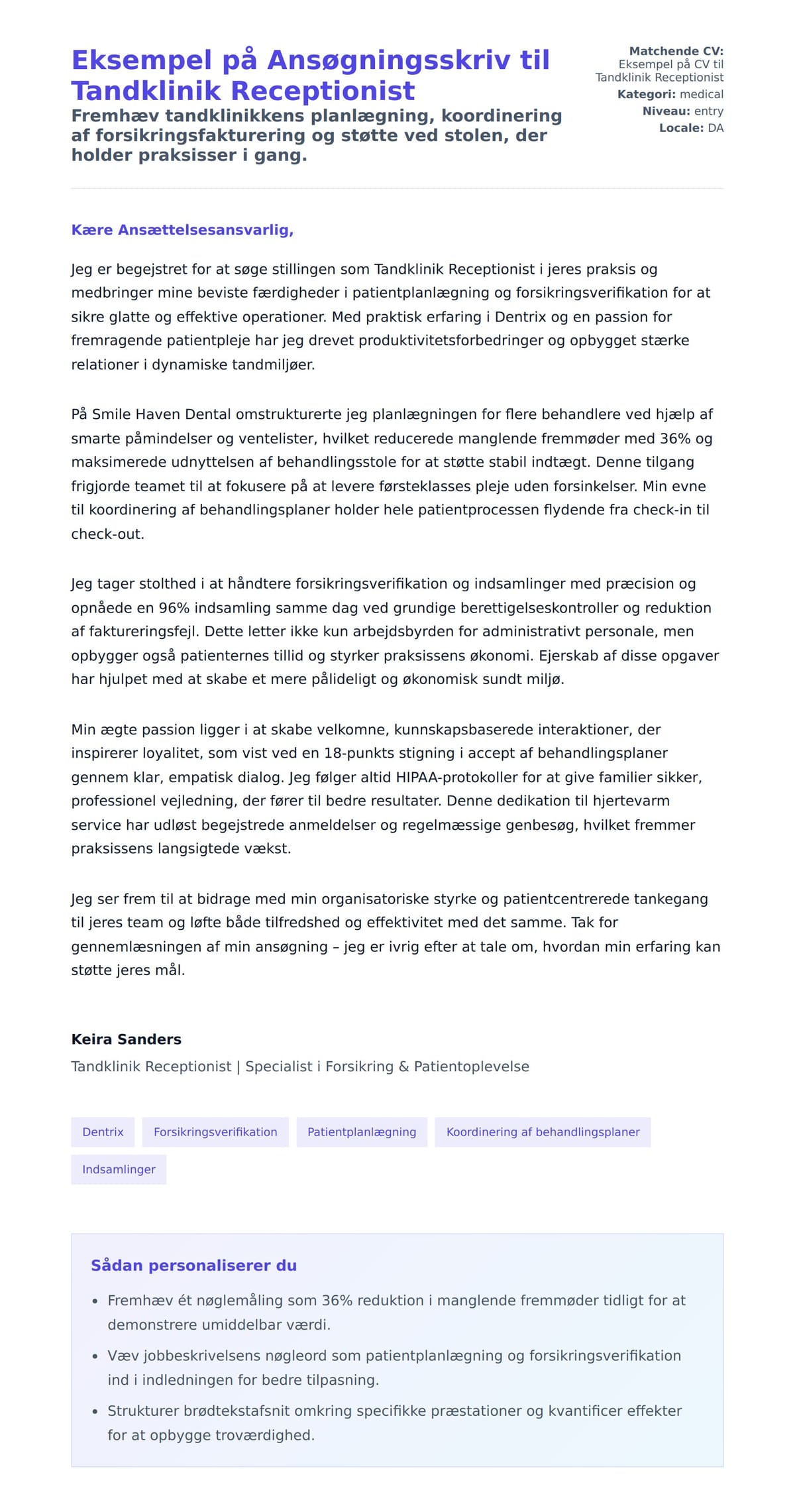 Ansøgningsbrev forhåndsvisning for Eksempel på Ansøgningsskriv til Tandklinik Receptionist