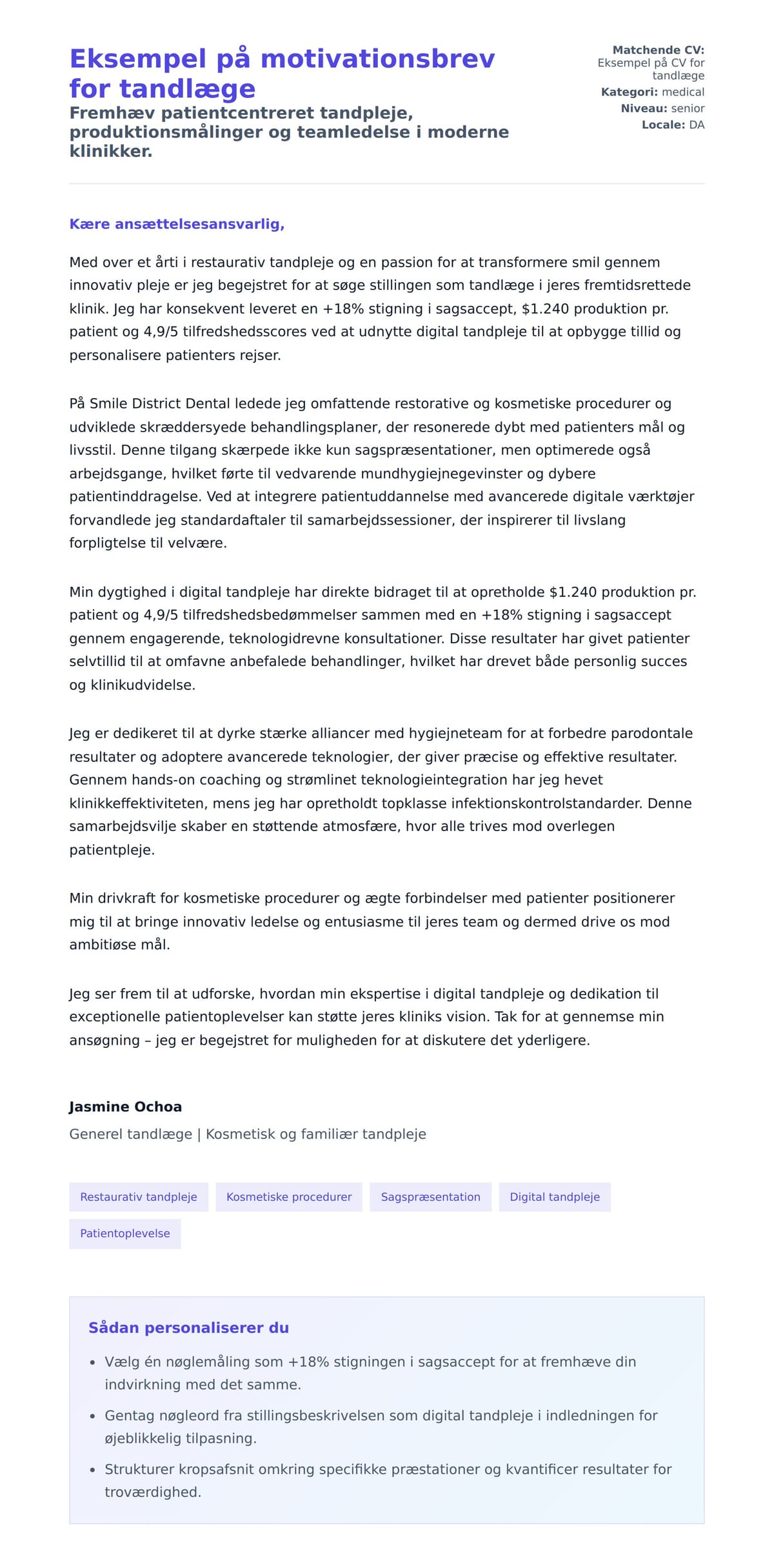 Ansøgningsbrev forhåndsvisning for Eksempel på motivationsbrev for tandlæge