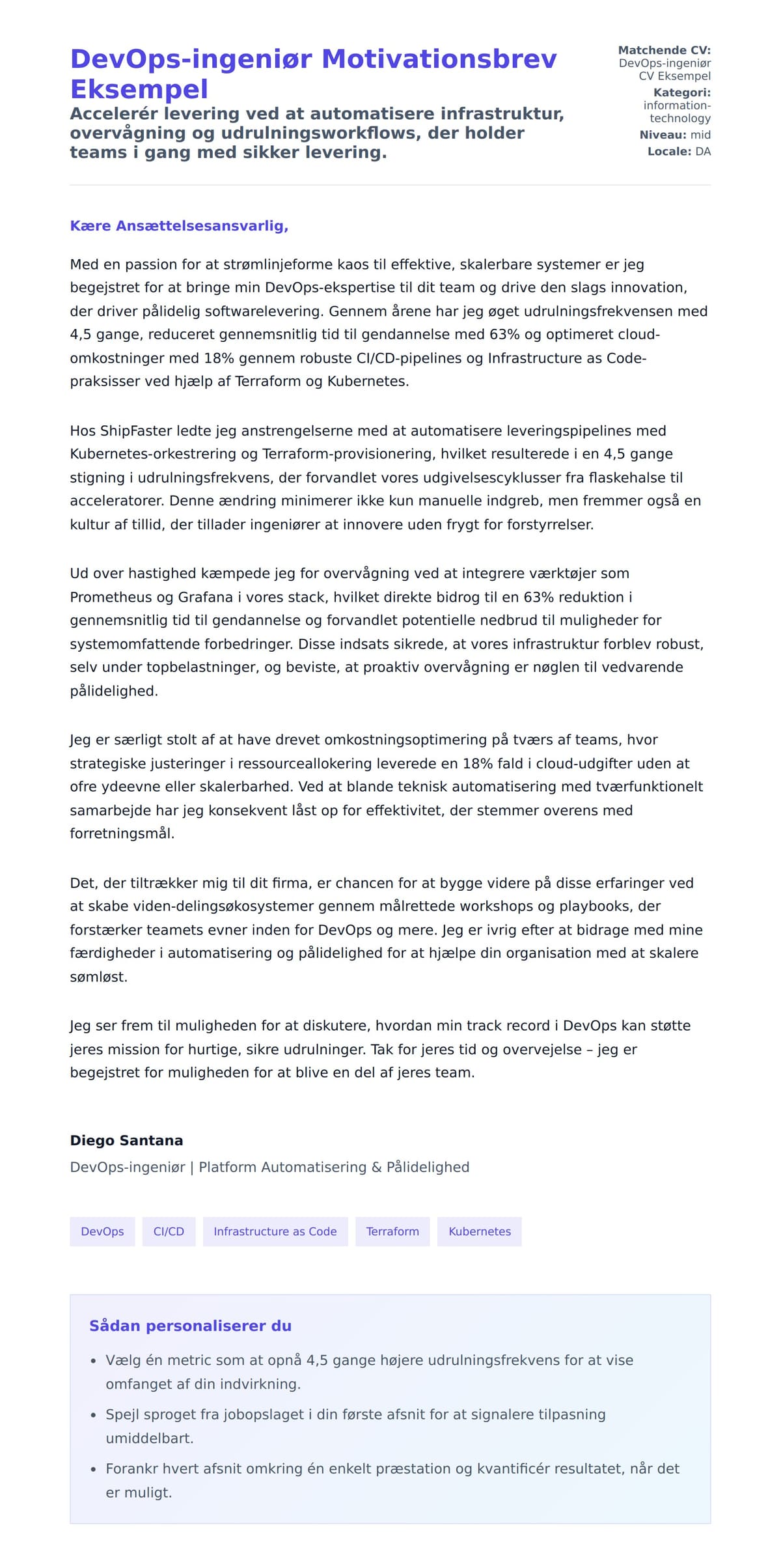 Ansøgningsbrev forhåndsvisning for DevOps-ingeniør Motivationsbrev Eksempel