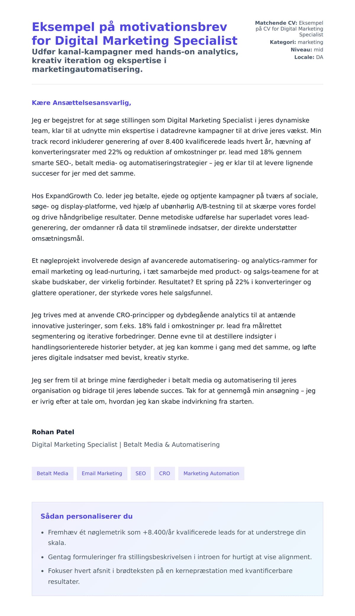 Ansøgningsbrev forhåndsvisning for Eksempel på motivationsbrev for Digital Marketing Specialist
