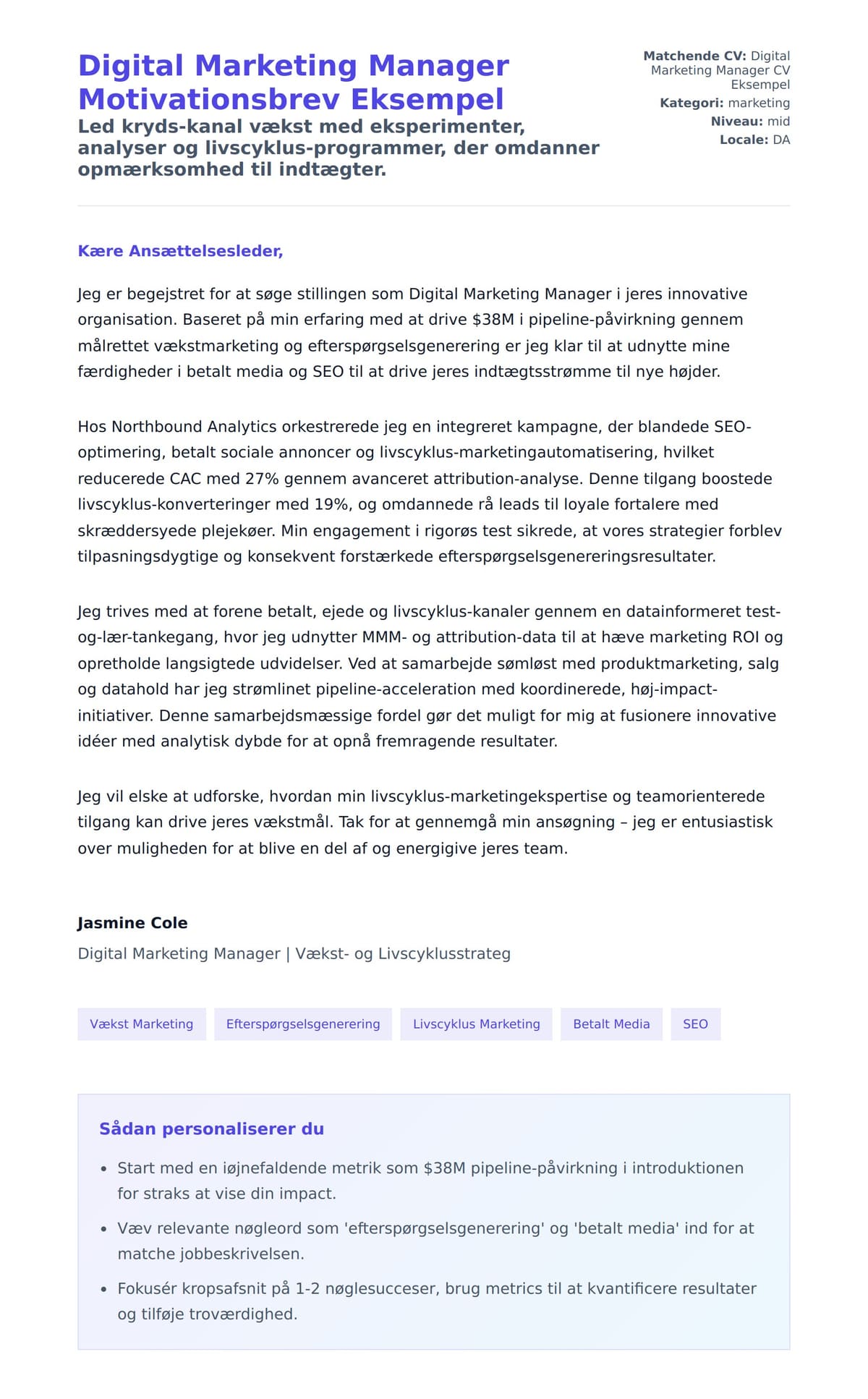 Ansøgningsbrev forhåndsvisning for Digital Marketing Manager Motivationsbrev Eksempel