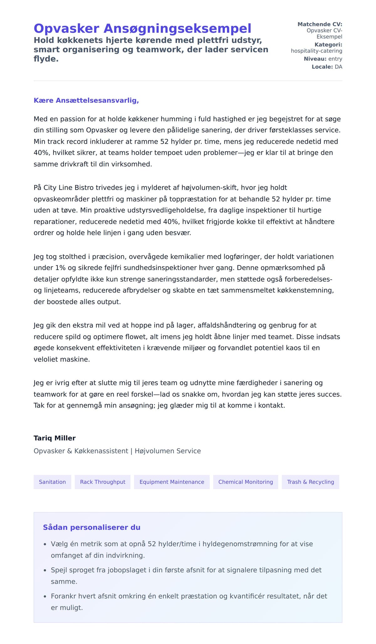 Ansøgningsbrev forhåndsvisning for Opvasker Ansøgningseksempel