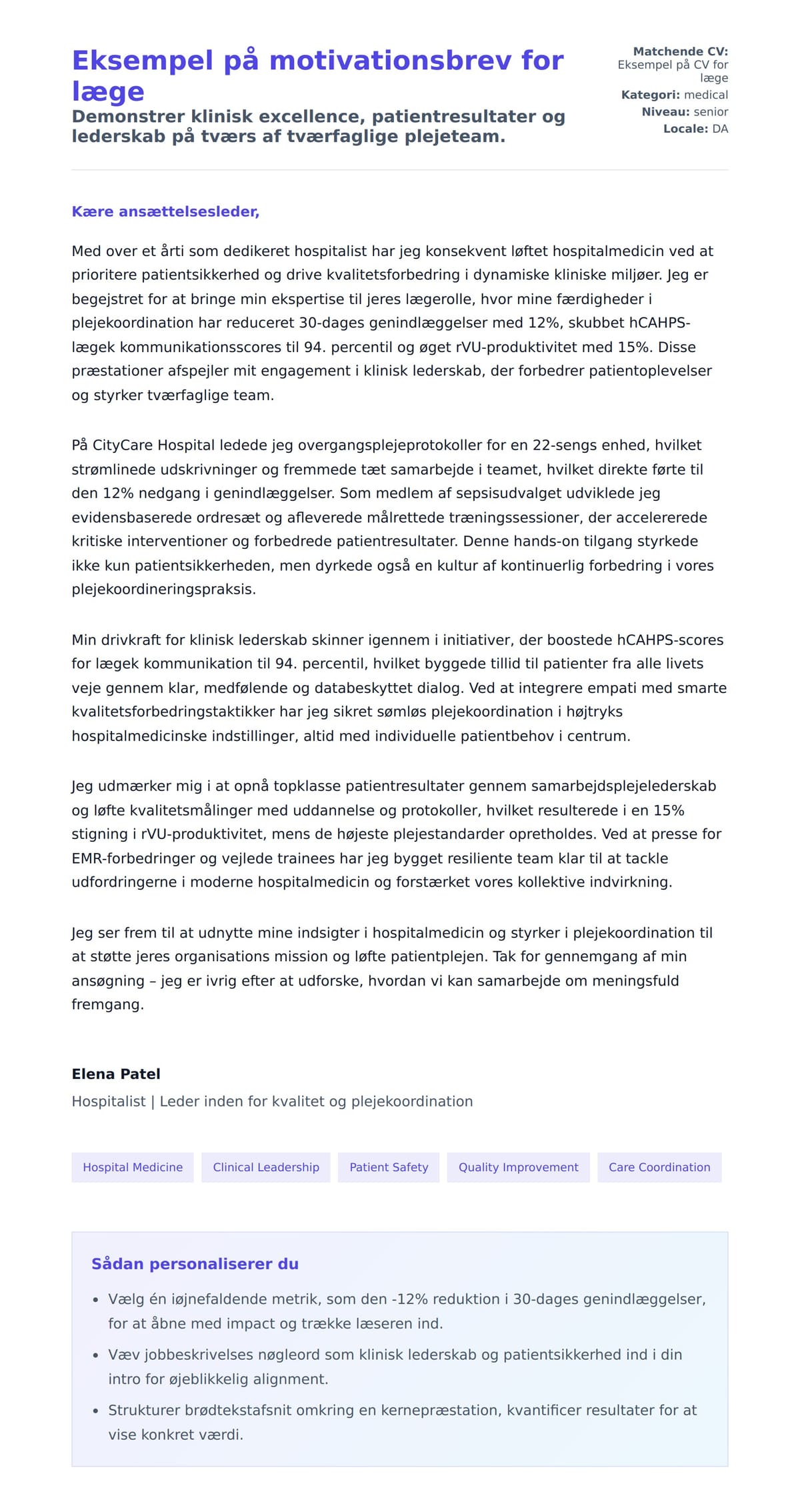 Ansøgningsbrev forhåndsvisning for Eksempel på motivationsbrev for læge