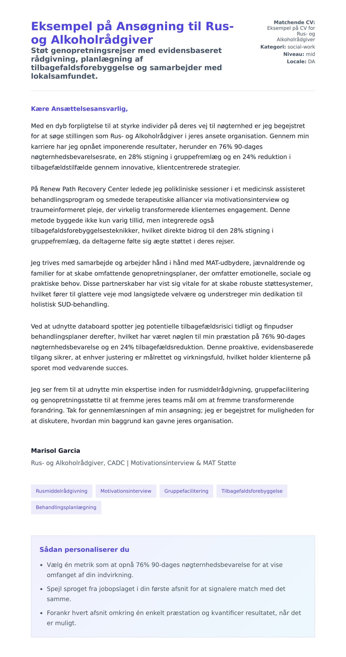 Ansøgningsbrev forhåndsvisning for Eksempel på Ansøgning til Rus- og Alkoholrådgiver