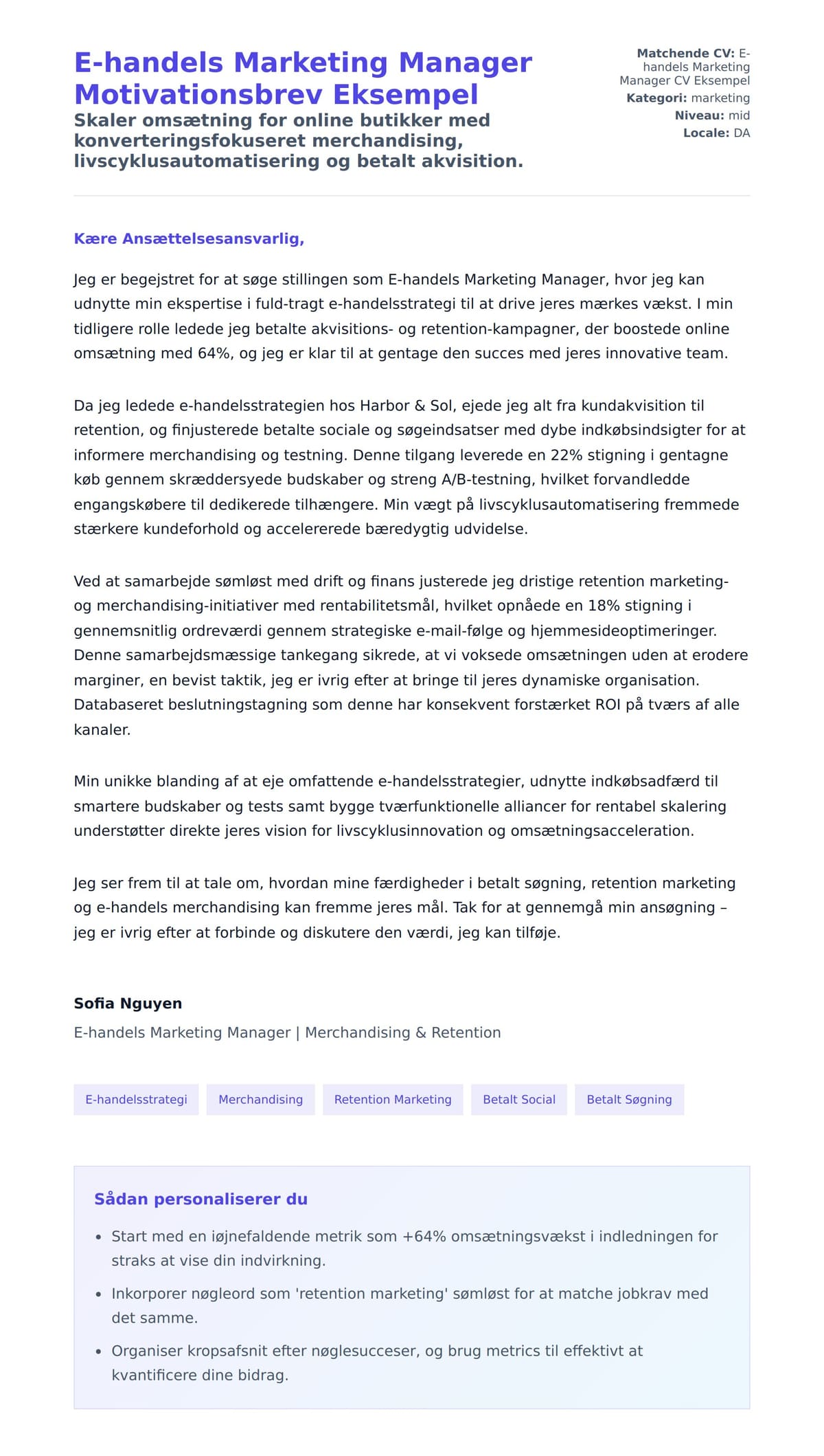 Ansøgningsbrev forhåndsvisning for E-handels Marketing Manager Motivationsbrev Eksempel