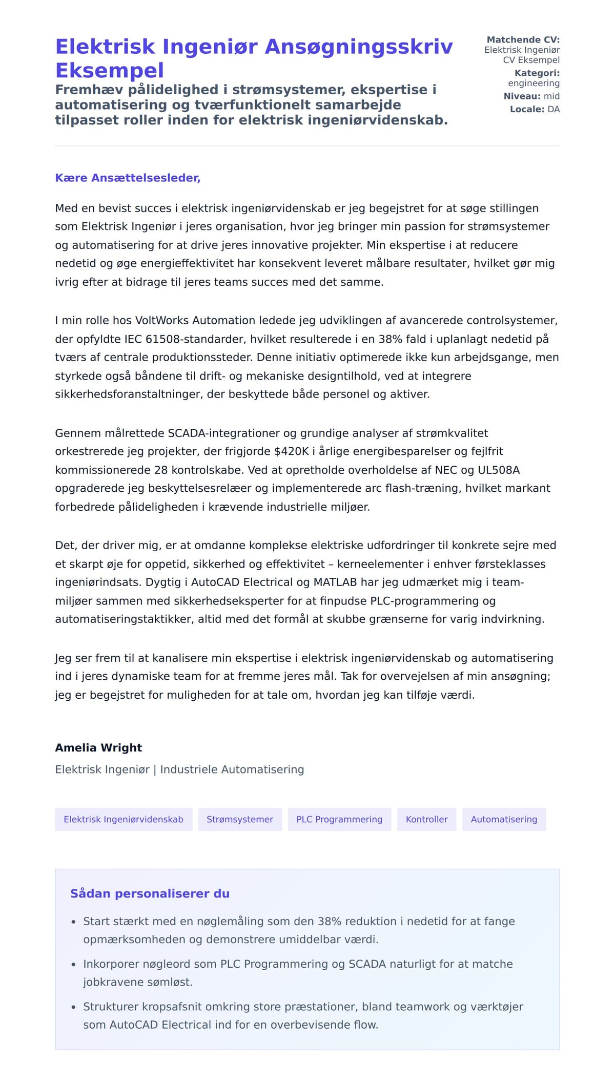 Ansøgningsbrev forhåndsvisning for Elektrisk Ingeniør Ansøgningsskriv Eksempel