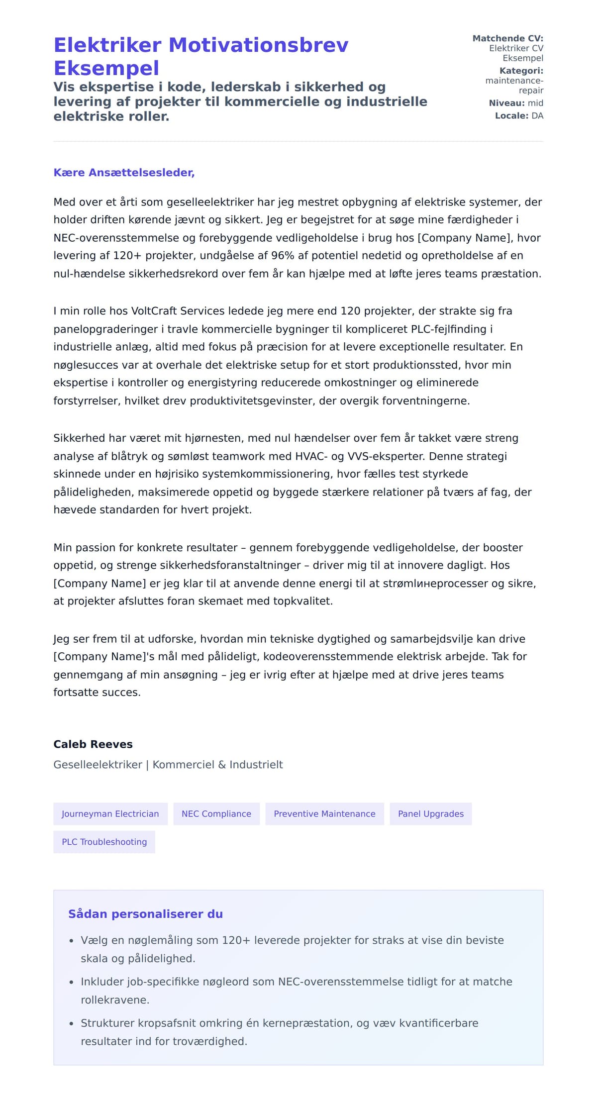 Ansøgningsbrev forhåndsvisning for Elektriker Motivationsbrev Eksempel