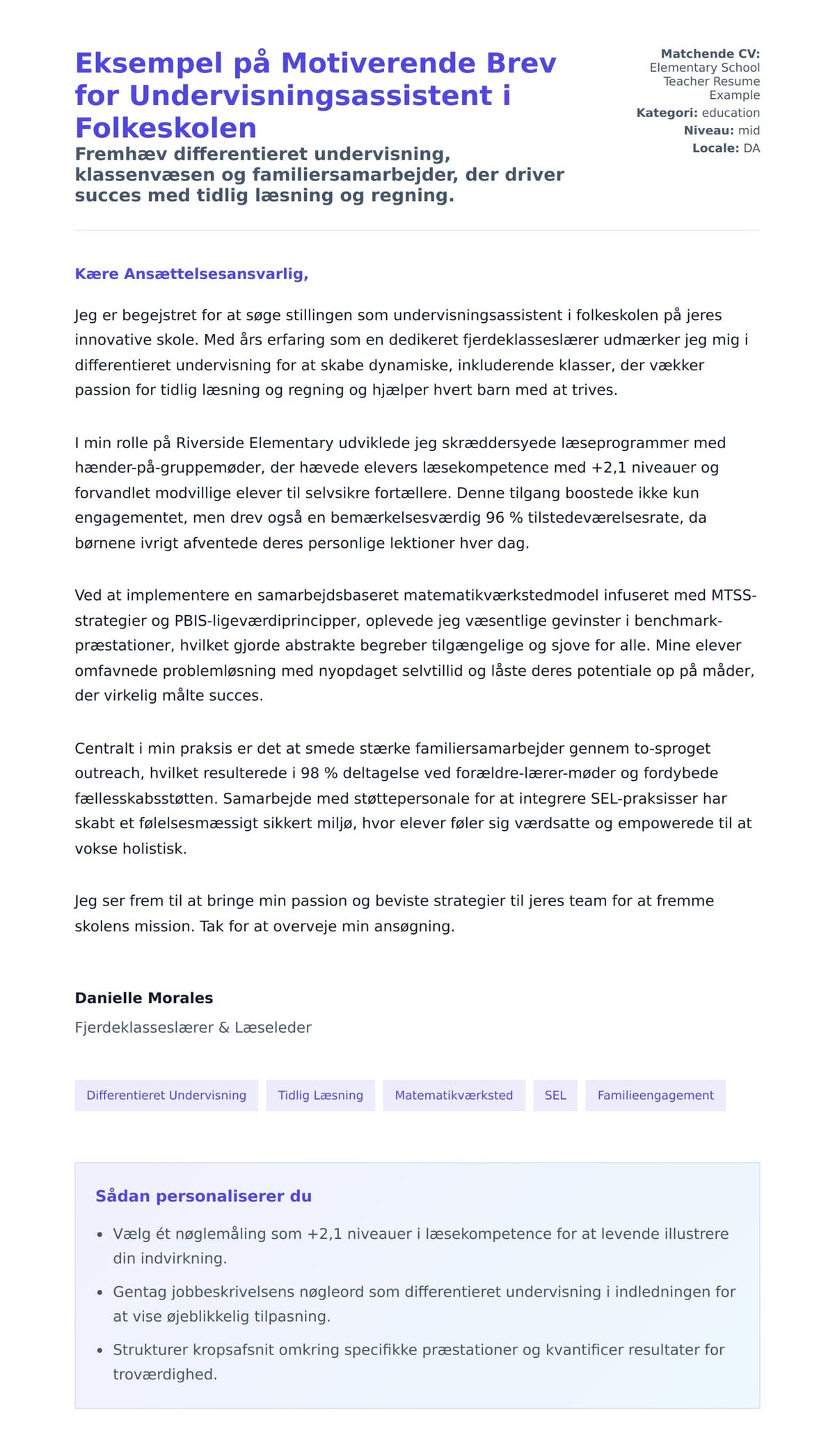 Ansøgningsbrev forhåndsvisning for Eksempel på Motiverende Brev for Undervisningsassistent i Folkeskolen