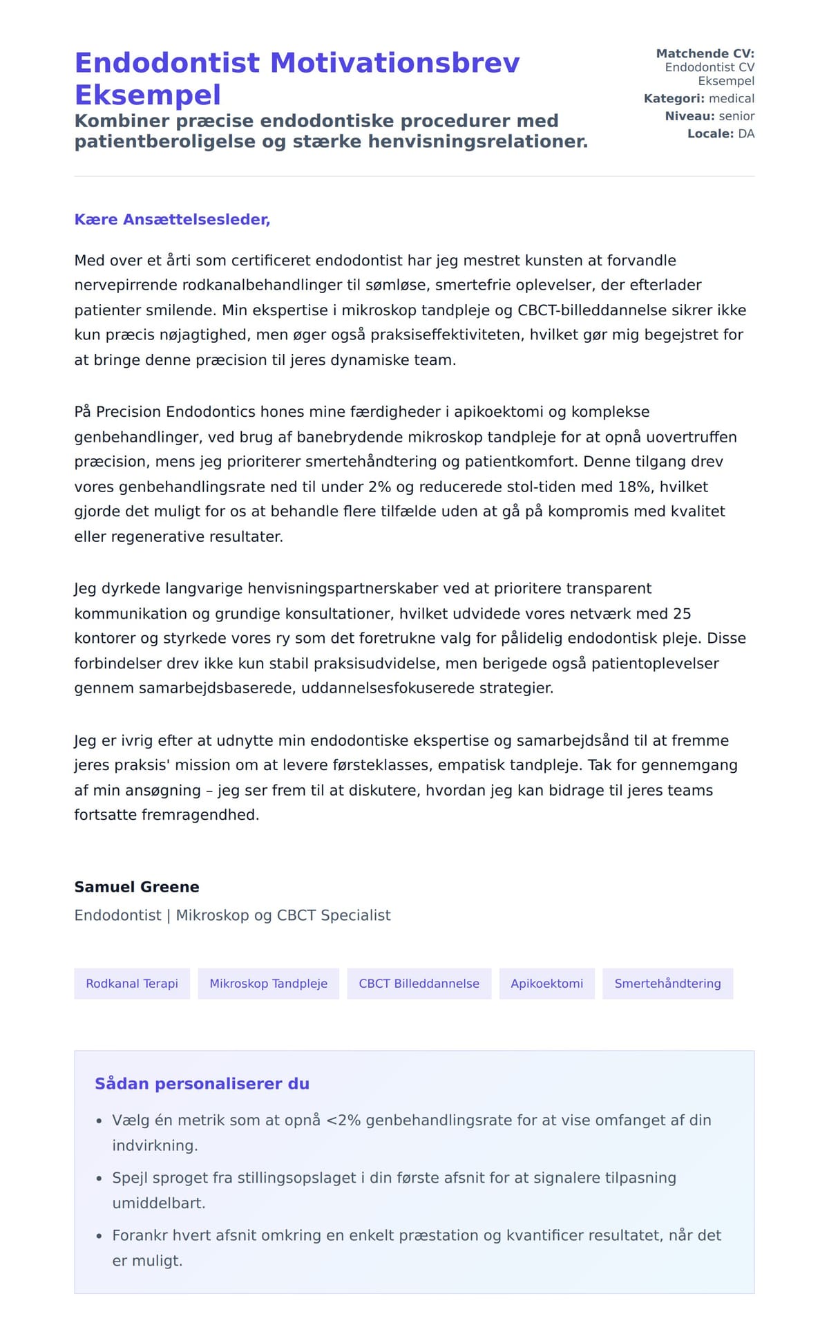 Ansøgningsbrev forhåndsvisning for Endodontist Motivationsbrev Eksempel