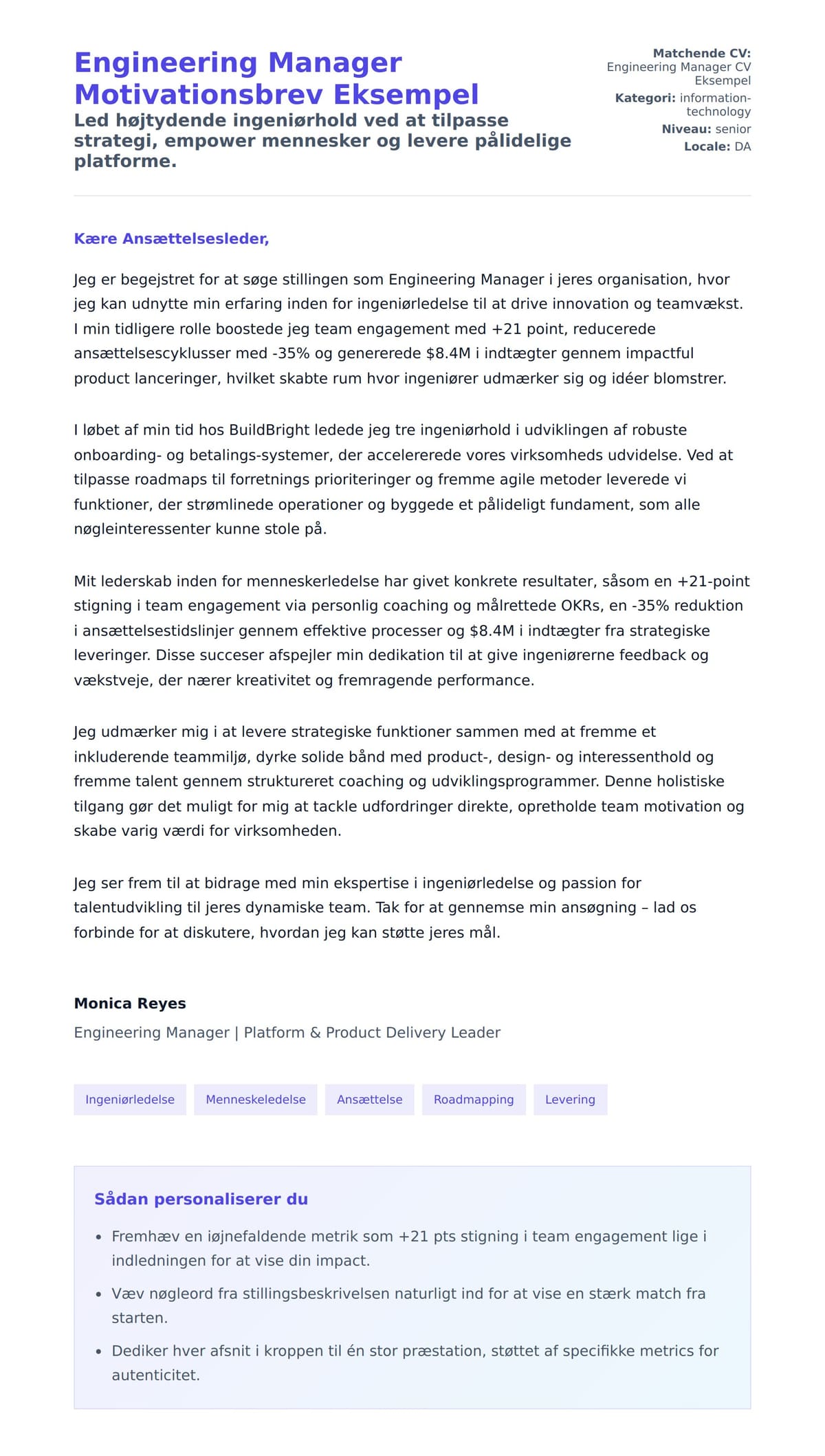 Ansøgningsbrev forhåndsvisning for Engineering Manager Motivationsbrev Eksempel