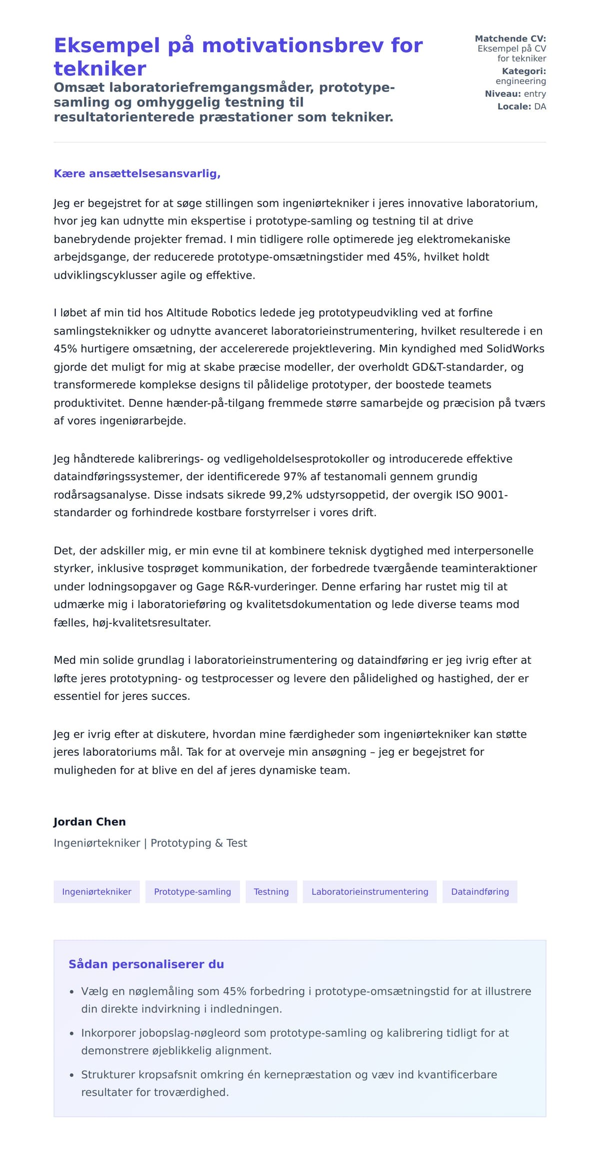 Ansøgningsbrev forhåndsvisning for Eksempel på motivationsbrev for tekniker