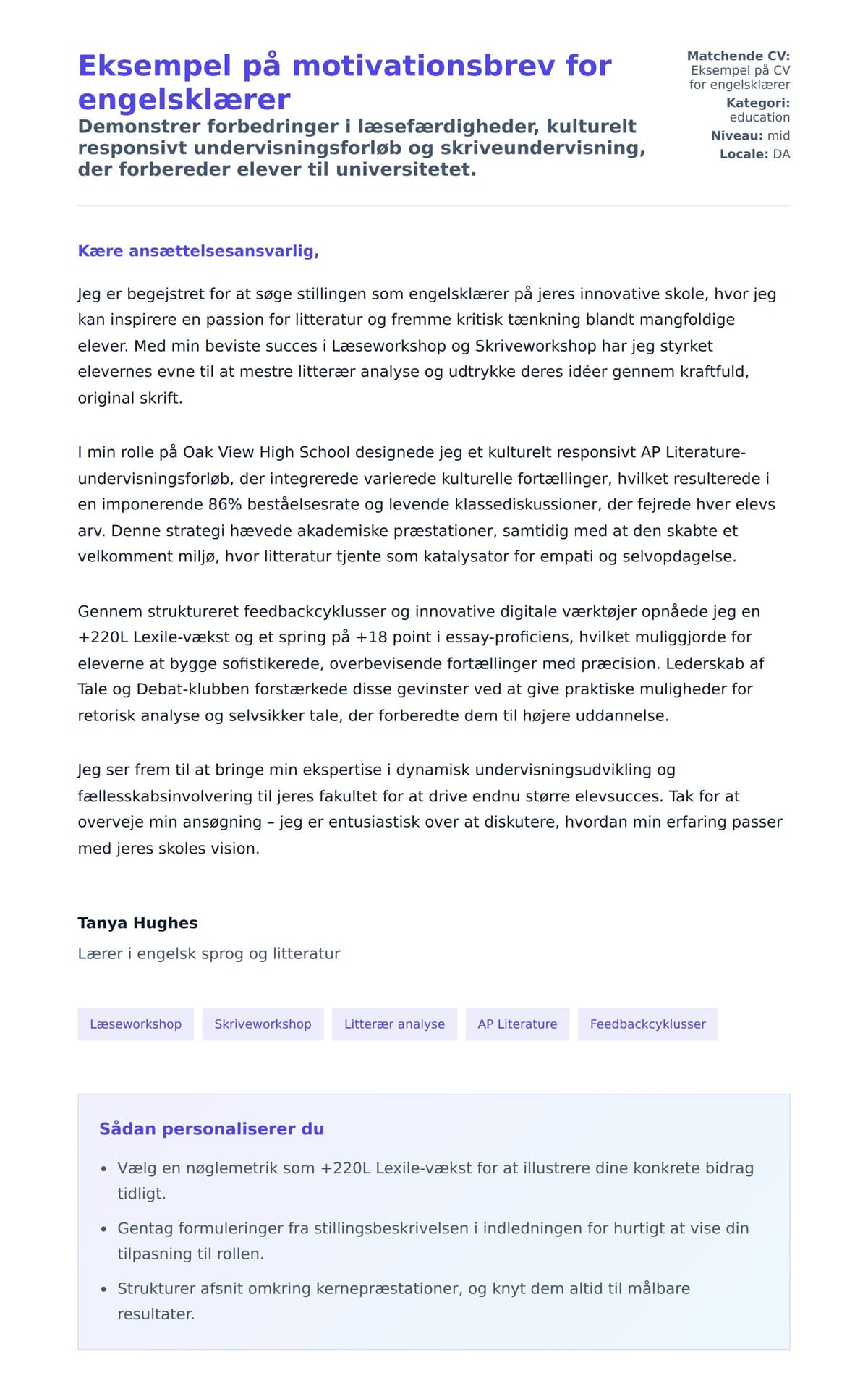 Ansøgningsbrev forhåndsvisning for Eksempel på motivationsbrev for engelsklærer