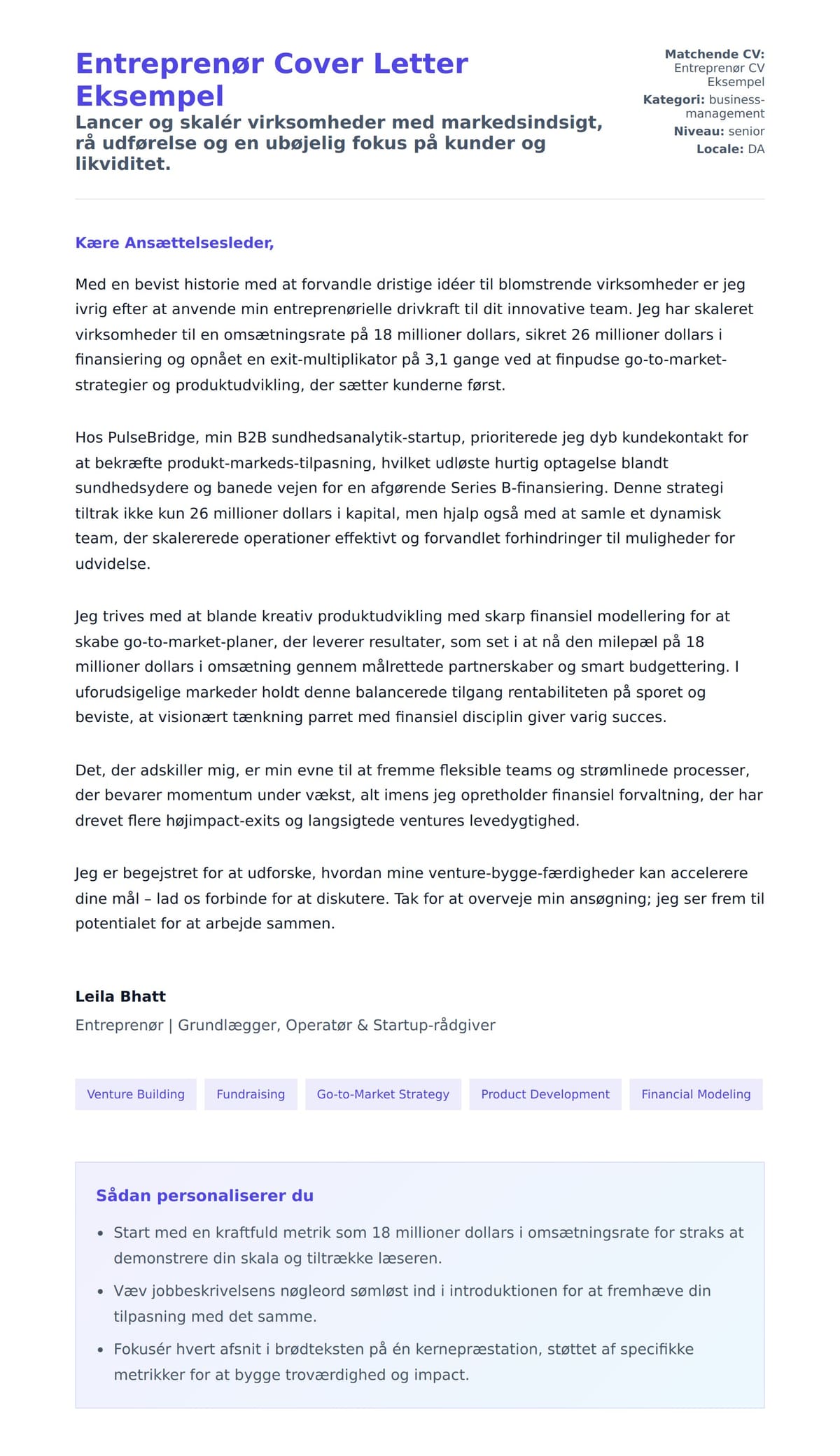 Ansøgningsbrev forhåndsvisning for Entreprenør Cover Letter Eksempel