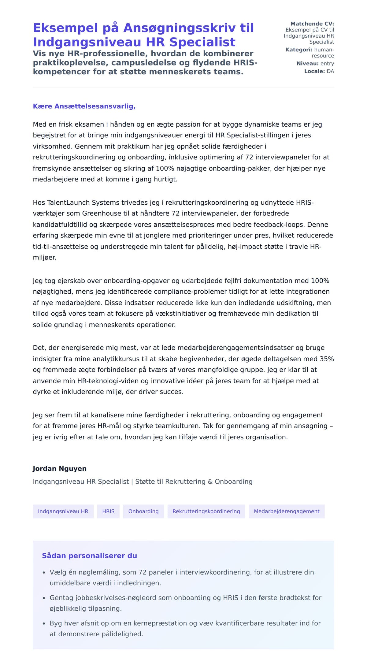 Ansøgningsbrev forhåndsvisning for Eksempel på Ansøgningsskriv til Indgangsniveau HR Specialist