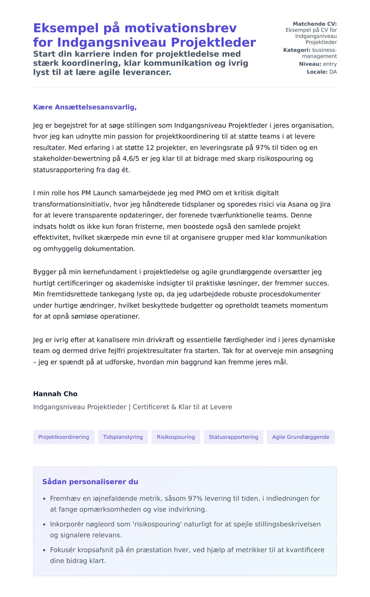 Ansøgningsbrev forhåndsvisning for Eksempel på motivationsbrev for Indgangsniveau Projektleder