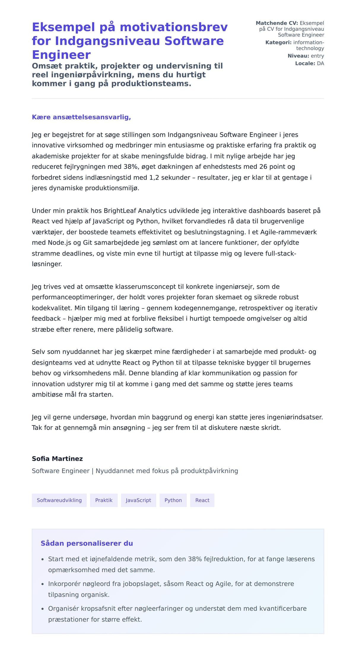 Ansøgningsbrev forhåndsvisning for Eksempel på motivationsbrev for Indgangsniveau Software Engineer