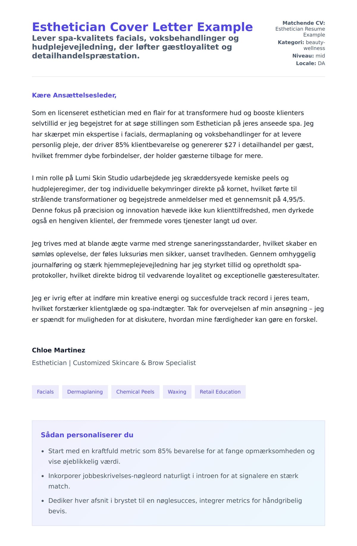 Ansøgningsbrev forhåndsvisning for Esthetician Cover Letter Example