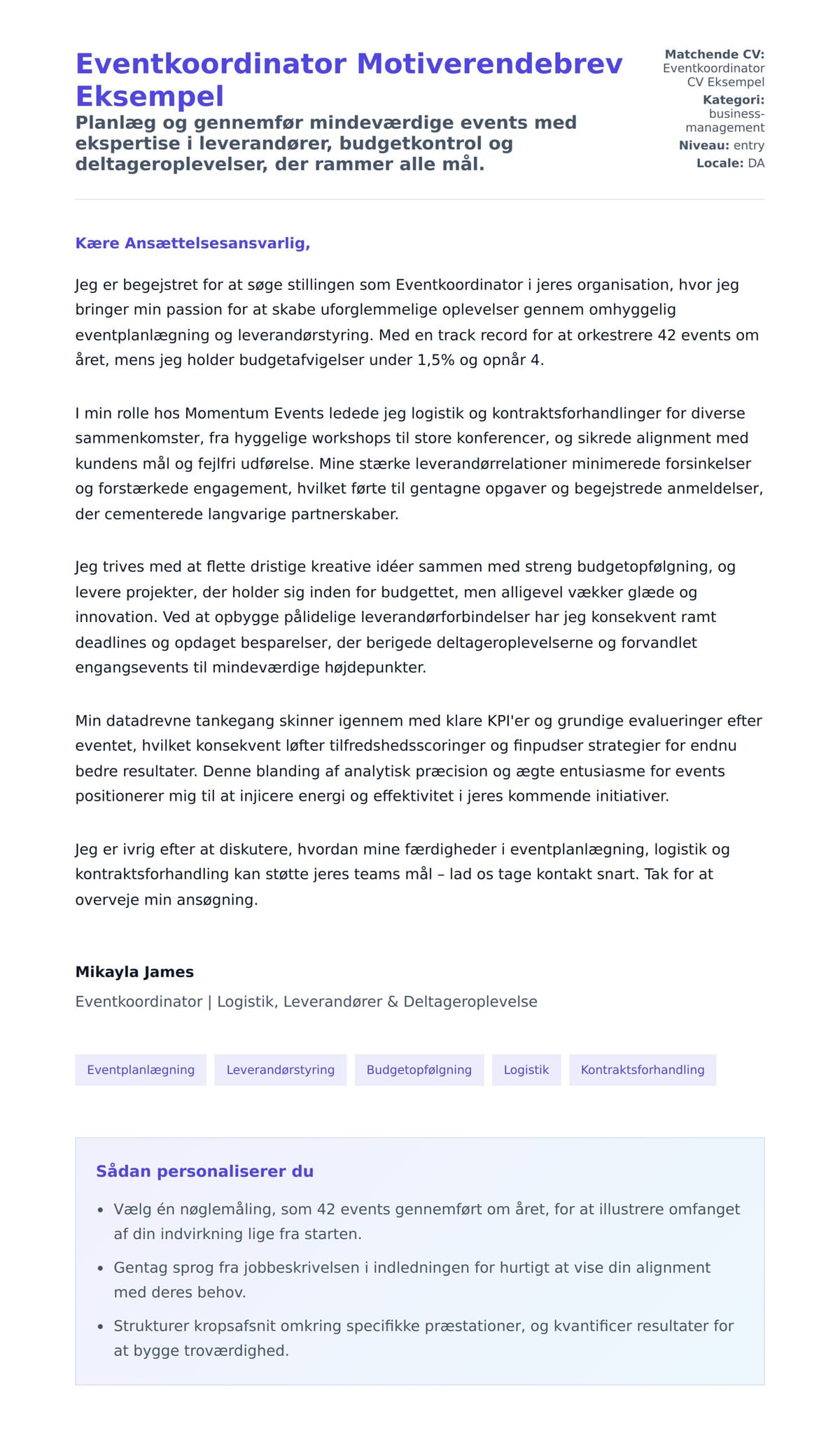 Ansøgningsbrev forhåndsvisning for Eventkoordinator Motiverendebrev Eksempel