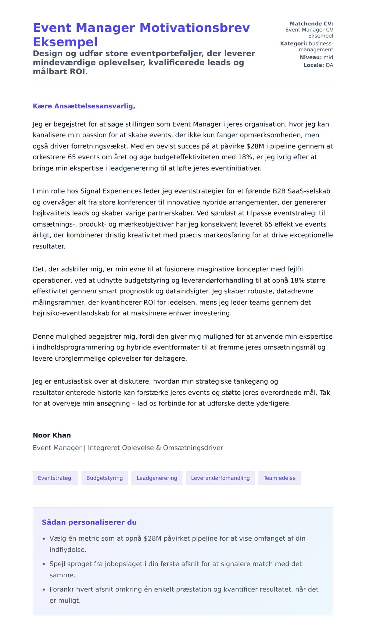 Ansøgningsbrev forhåndsvisning for Event Manager Motivationsbrev Eksempel