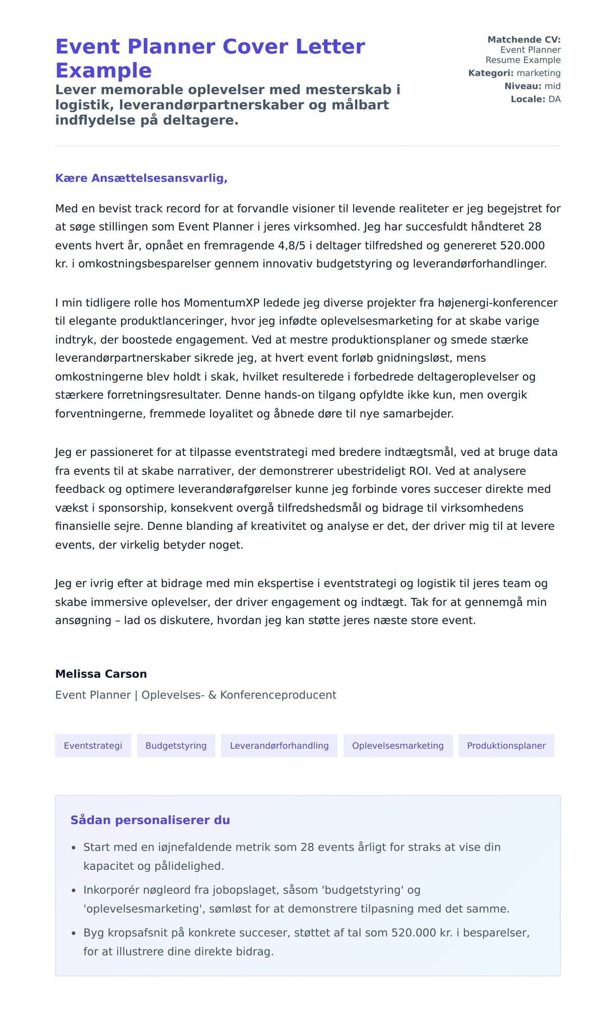 Ansøgningsbrev forhåndsvisning for Event Planner Cover Letter Example