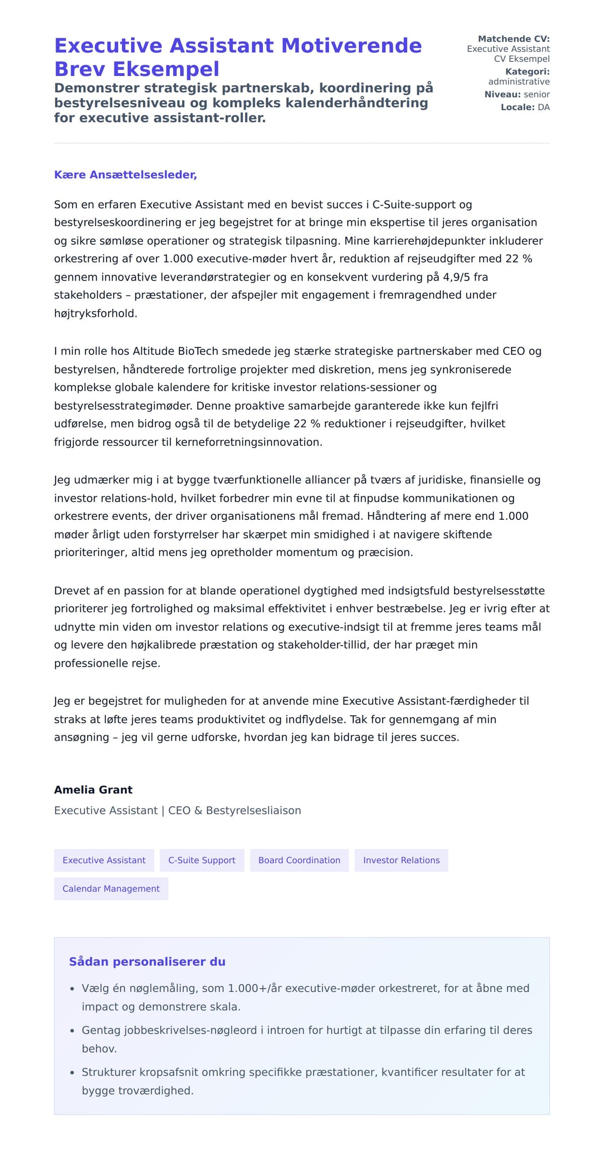 Ansøgningsbrev forhåndsvisning for Executive Assistant Motiverende Brev Eksempel