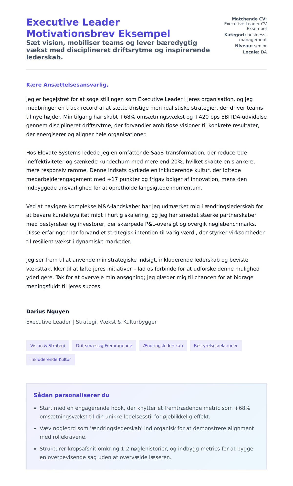Ansøgningsbrev forhåndsvisning for Executive Leader Motivationsbrev Eksempel