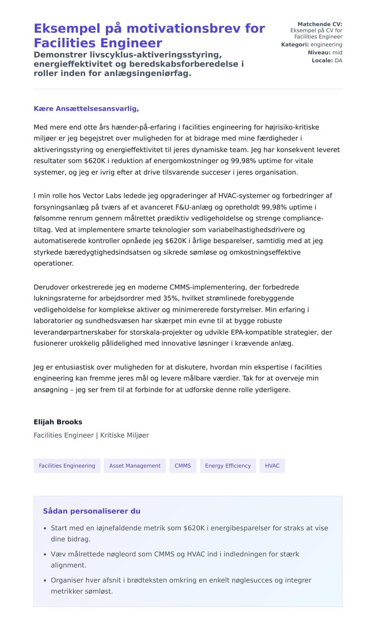 Ansøgningsbrev forhåndsvisning for Eksempel på motivationsbrev for Facilities Engineer