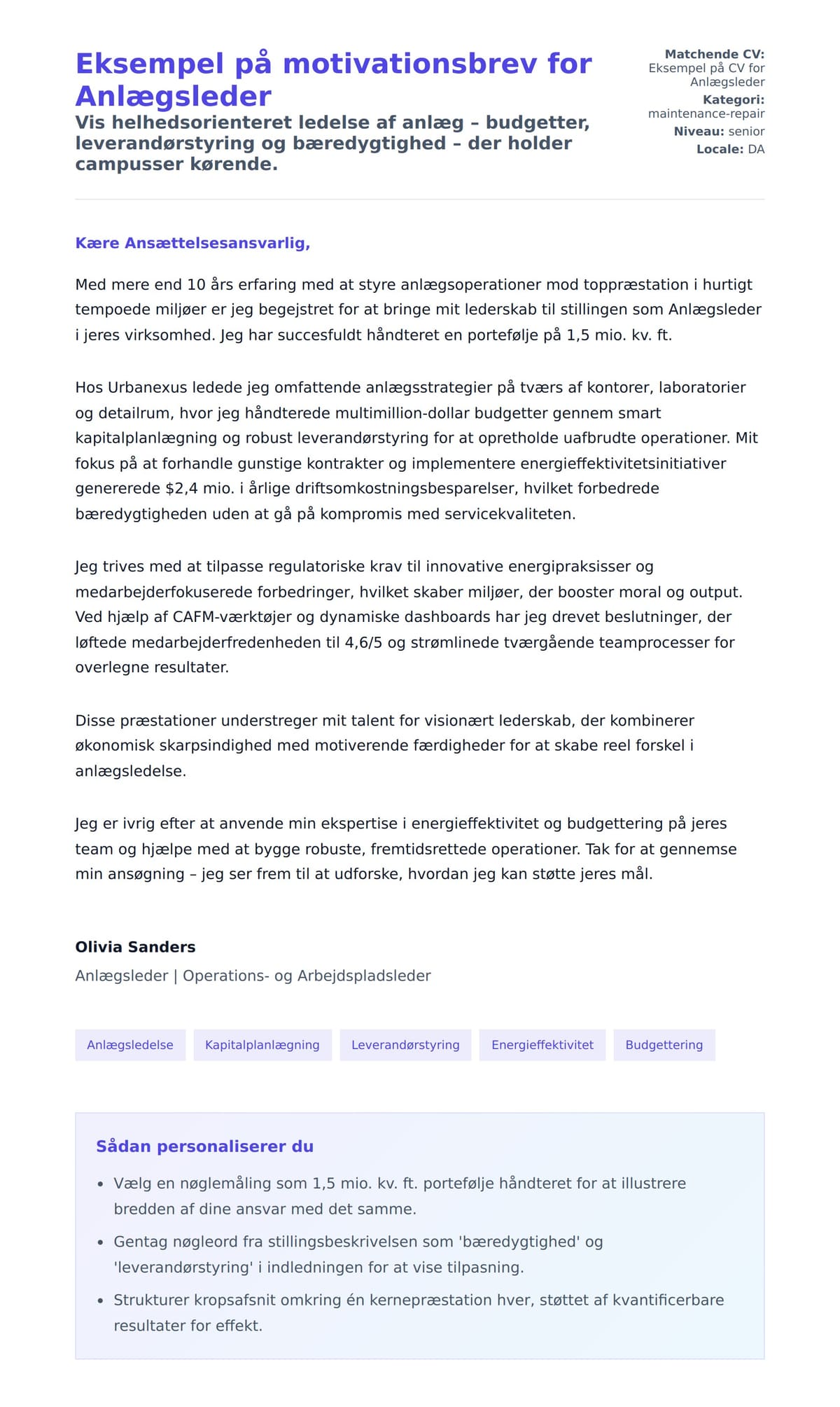 Ansøgningsbrev forhåndsvisning for Eksempel på motivationsbrev for Anlægsleder